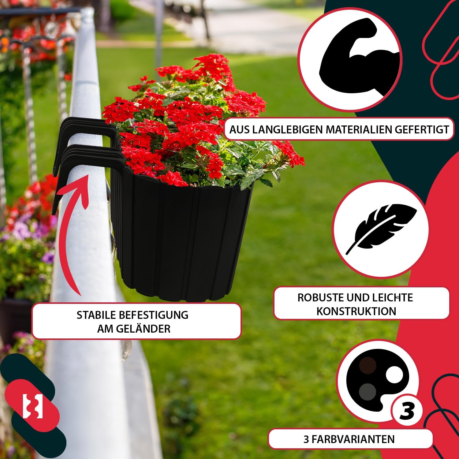 Fioriera da Esterno - Vasi per Piante da Esterno - 40 x 15 x 15 cm - Fioriera da Balcone - Rettangolare - PVC - Marrone - con Supporto - KOTARBAU - 8