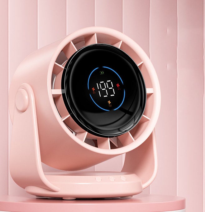 Ultra-cichy, ścienny wentylator stołowy, wyświetlacz cyfrowy, ładowany przez USB, głowica obrotowa 360° (różowy)
