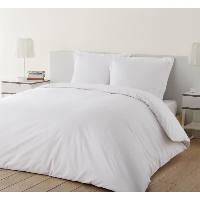 VISION Parure de couette 100% coton unie - 1 housse de couette 240 x 260 cm + 2 taies doreiller 65 x 65 cm - Blanc - 2