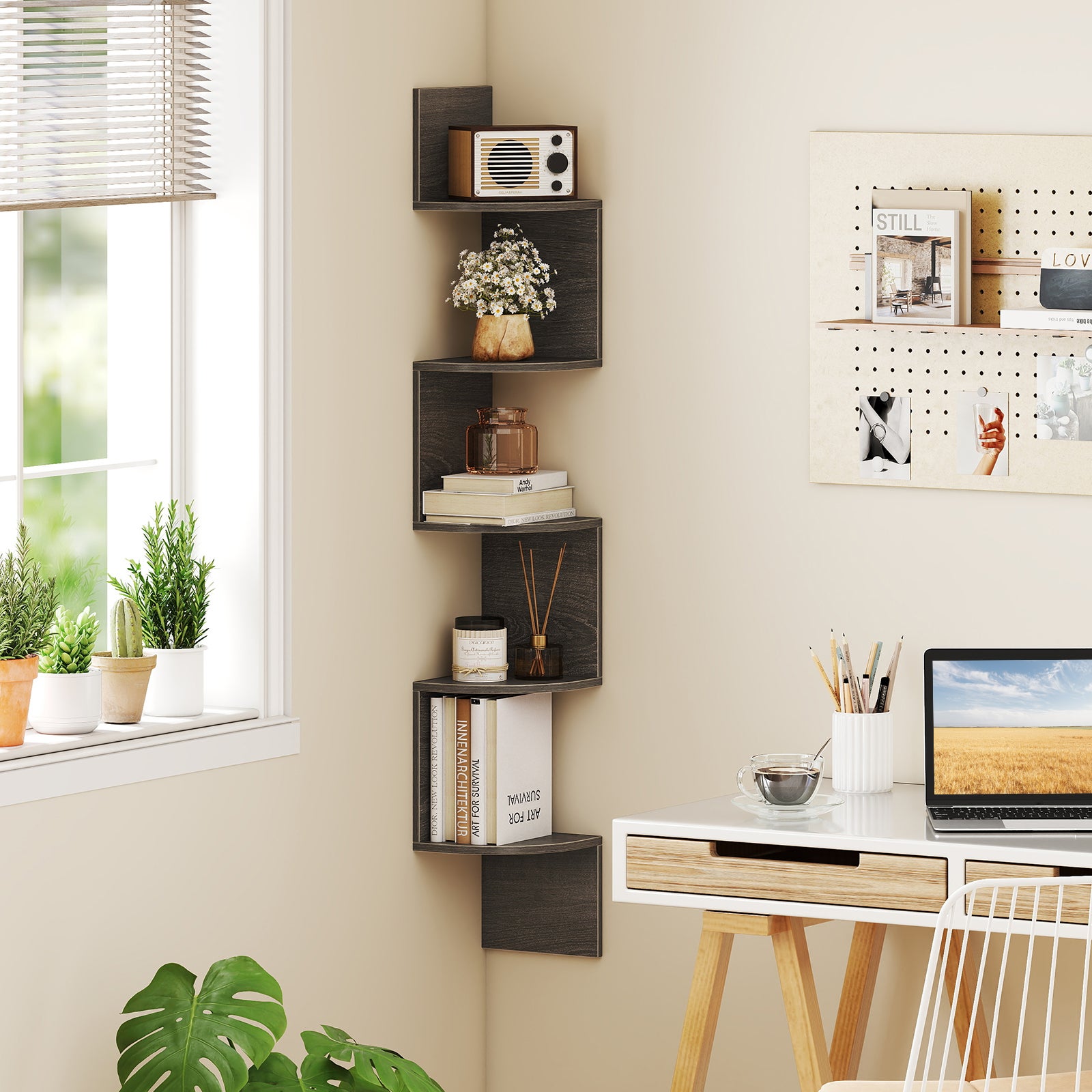Półka narożna z 5 poziomami, półka ścienna, nowoczesny design i oszczędność miejsca w salonie, sypialni i kuchni, 20 x 20 x 126 cm, szara - 7