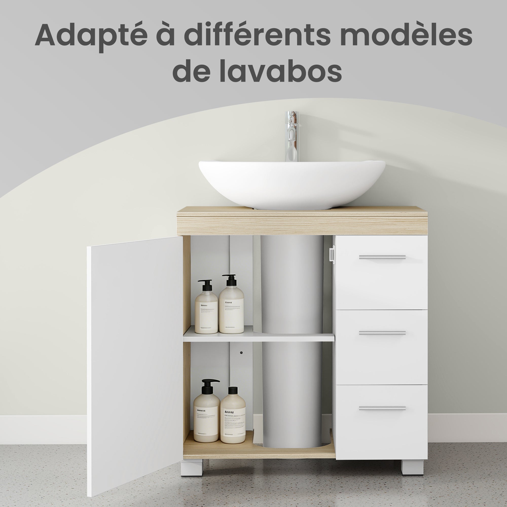 Armoire de Salle de Bain, Meuble Sous Lavabo avec Pieds, 2 Compartiments et 3 Tiroirs, Blanc et Beige - 6