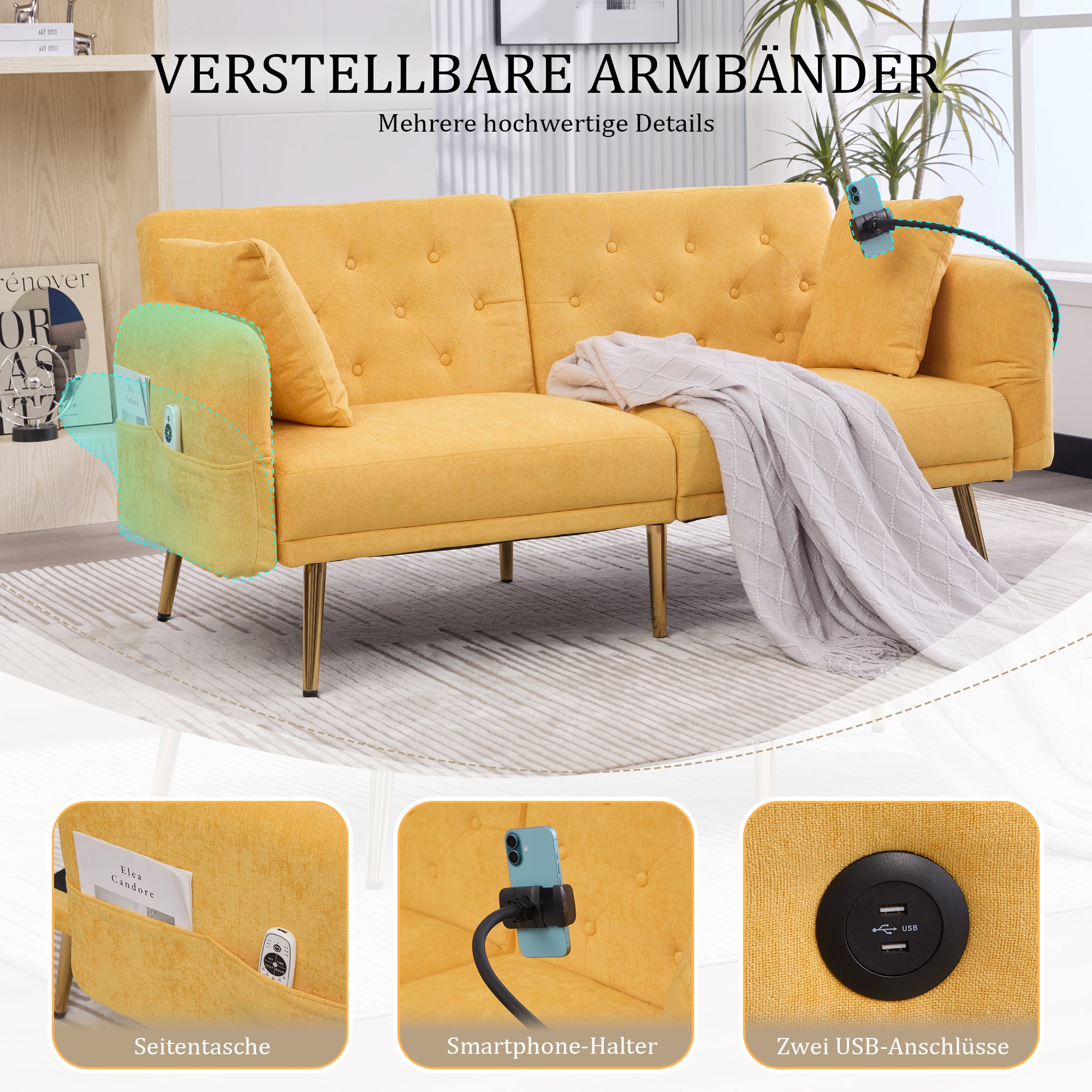 Canapé convertible - Dossier réglable et ports USB - 2 places - Chenille - Jaune (173x78x78cm) - 4