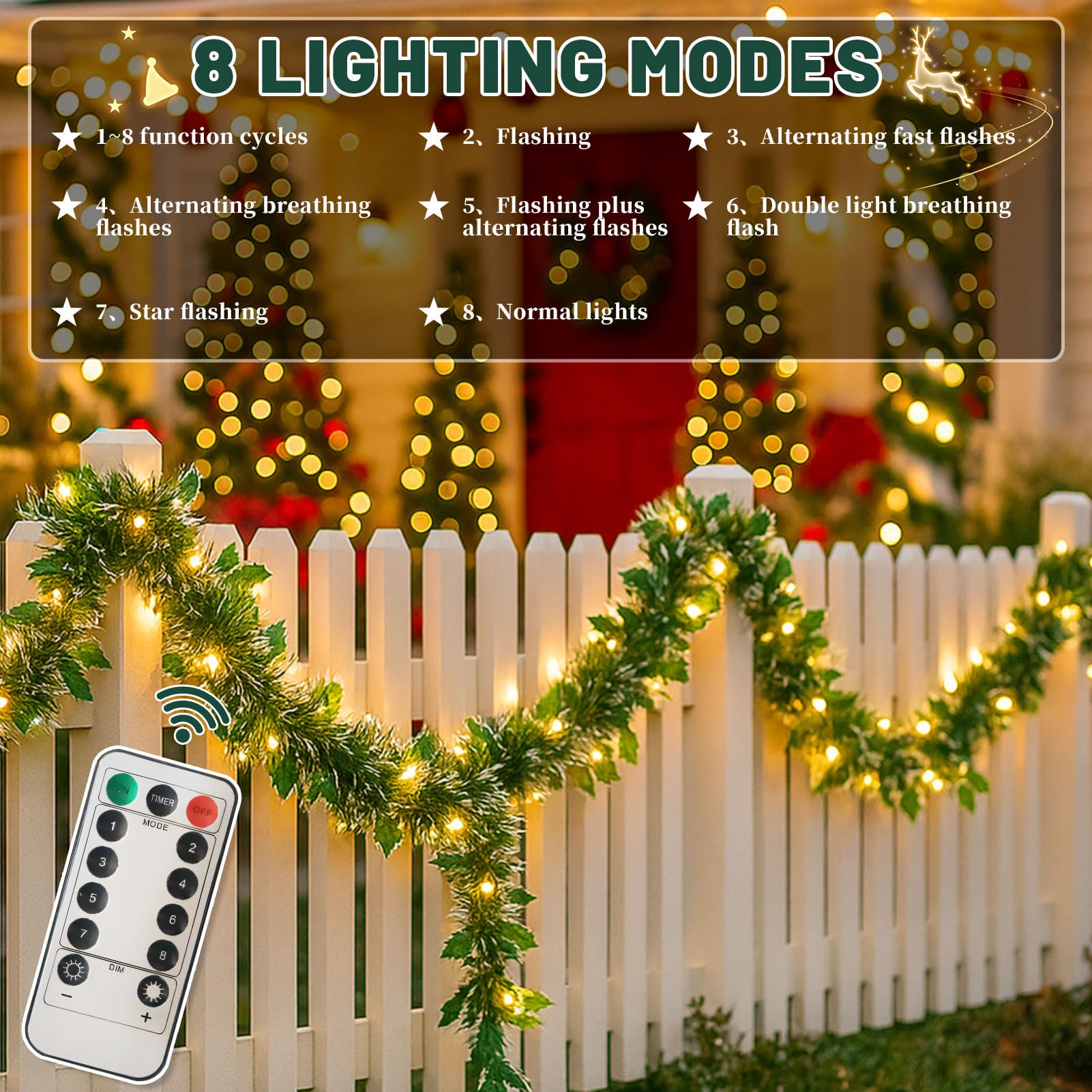 Guirlanda de Natal Artificial de 10 m com Luzes de LED, Cordão de Luzes de Natal de 10 m com 100 LEDs, 8 Modos, Luz Quente (C) - 5