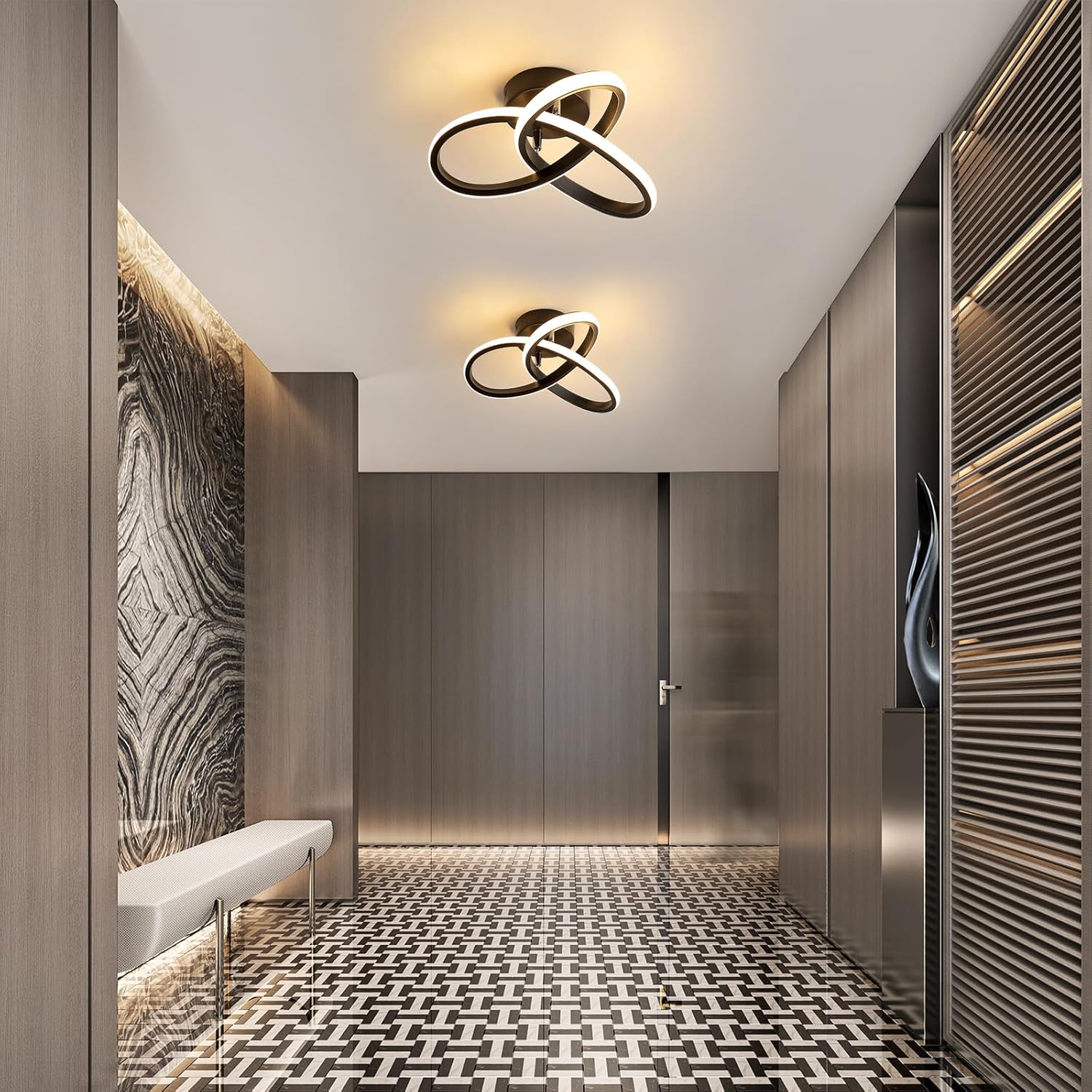 COMELY Plafonnier LED Design Moderne Noir 22W 2500lm 3000K Luminaire Plafond Anneaux pour Salon Chambre Cuisine Couloir Entrée Ø26cm - 3