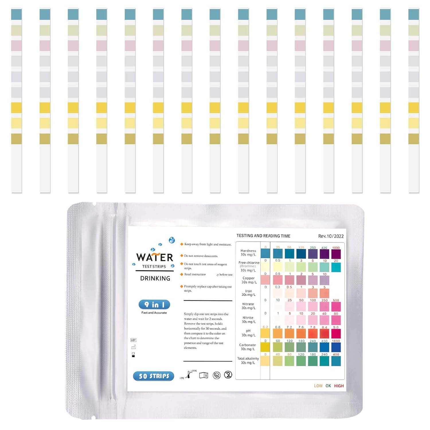 50 bandelettes test 9 en 1 pour piscine, spa et eau potable, mesure pH, chlore, dureté, nitrates, nitrites, fer, carbonates, alcalinité,analyse rapide - 9