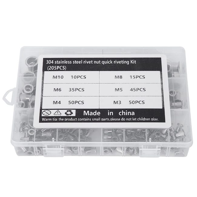 Écrous à Sertir QWORK - 165 Pièces Acier Inox 304, 6 Tailles M3 à M10 - Pour Fixation Solide Métal, Plastique
