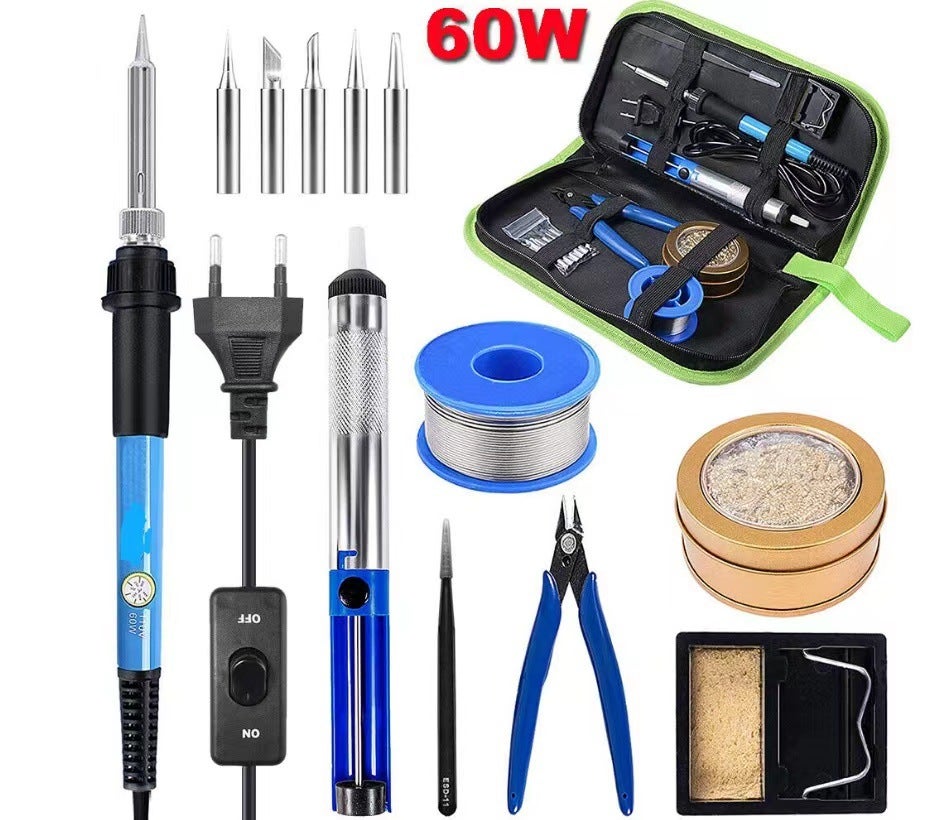 Zestaw do Lutowania 60W – Lutownica Precyzyjna Regulowana 200-450°C – Stojak, Gąbka, 5 Końcówek, Odsysacz do Cyny