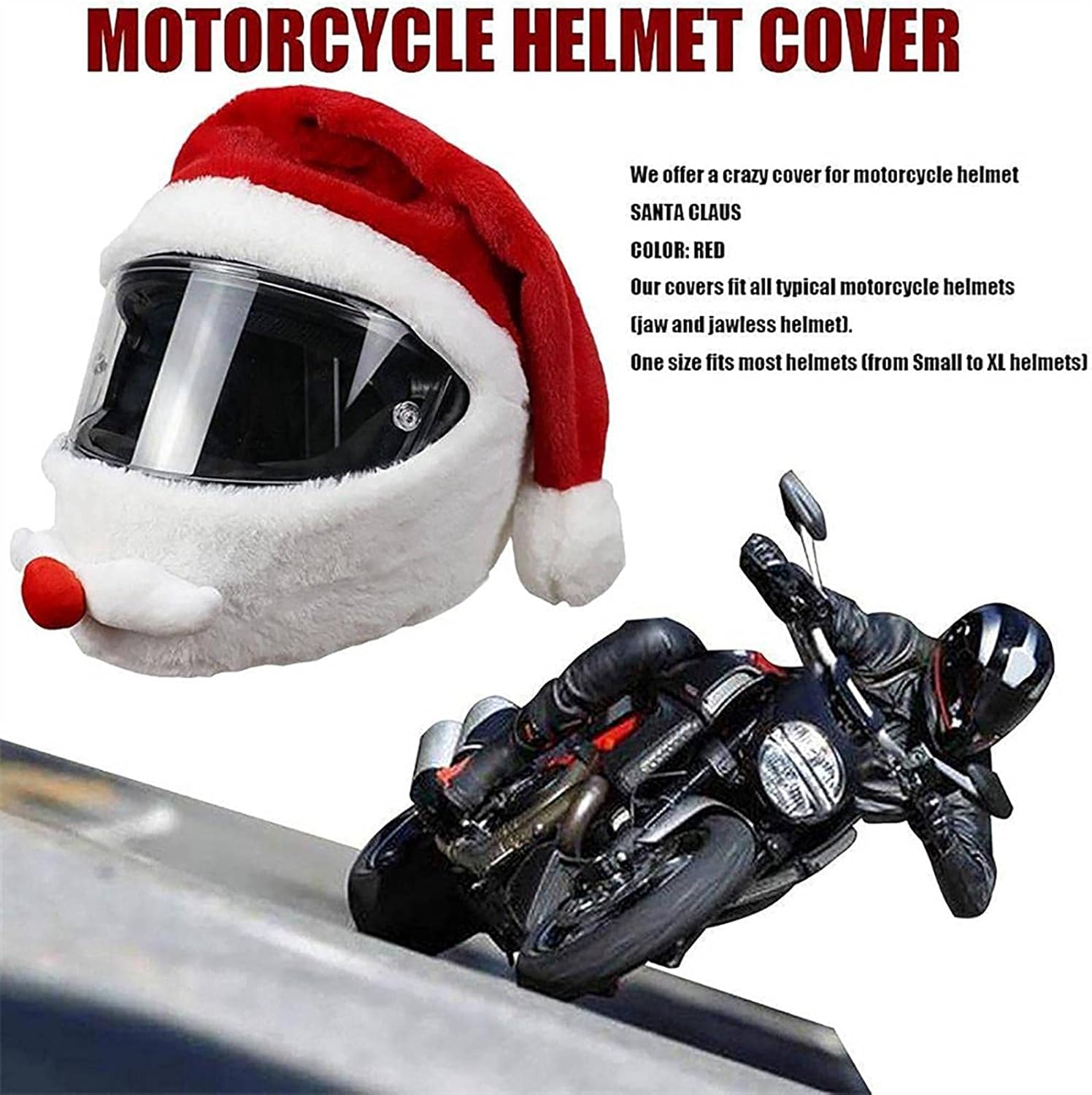 Uniwersalny pluszowy pokrowiec na kask motocyklowy – spersonalizowany czerwony pokrowiec na kask Świętego Mikołaja – prezent świąteczny - 5