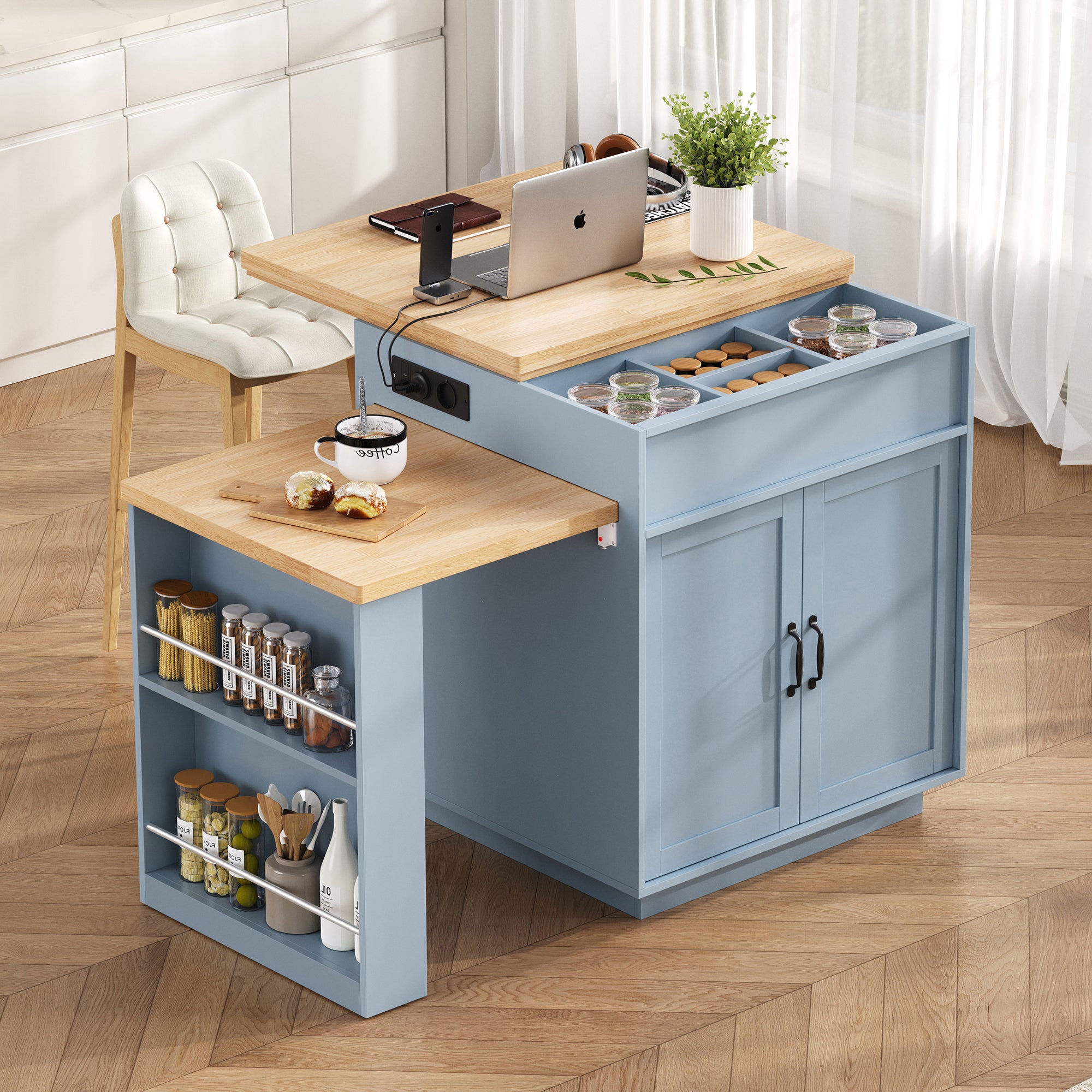 Îlot de cuisine sur roulettes, plan de travail extensible, éclairage ...