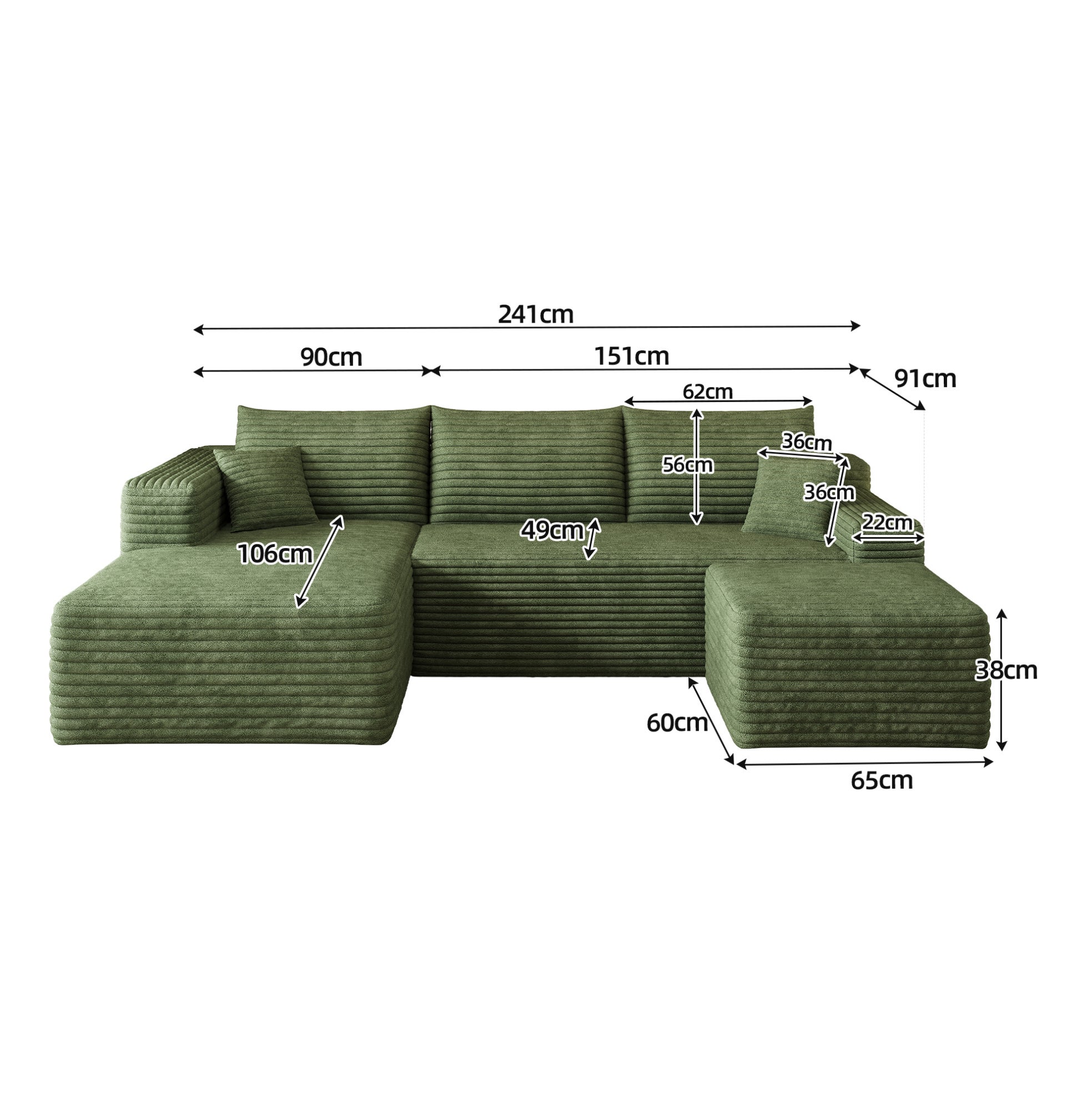 Canapé d'angle 4 places en tissu velours côtelé vert, mousse, 241 × 151 × 58 cm - 4