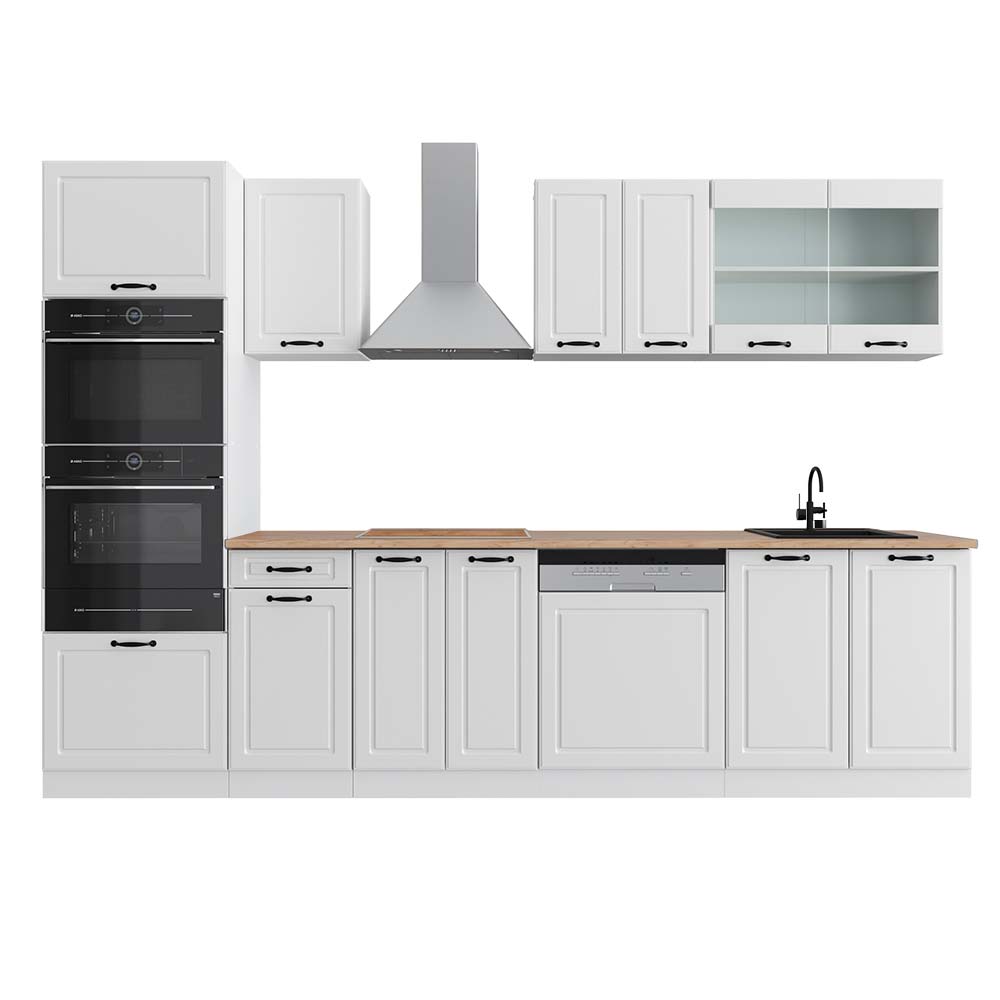 Vicco Aneks kuchenny R-Line, Biały dom wiejski/biały, 300 cm z wysoką szafką, BP Dąb