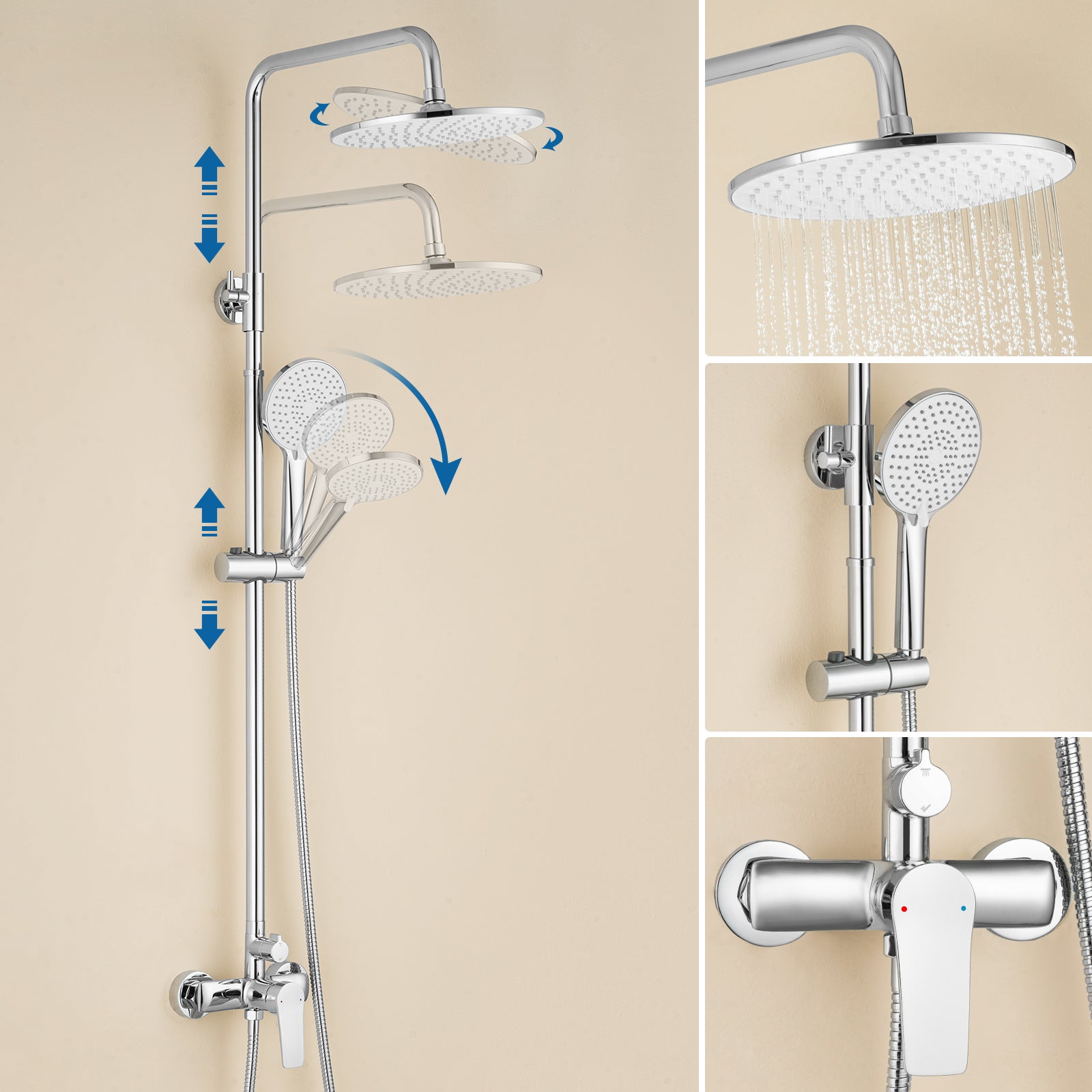 Auralum max Système Douche,avec Mitigeur Laiton,Colonne Douche Hauteur Réglable,Tête Douche Ronde 25 cm,Douchette 3 Jets,Acier Inoxydable,Chromé - 3