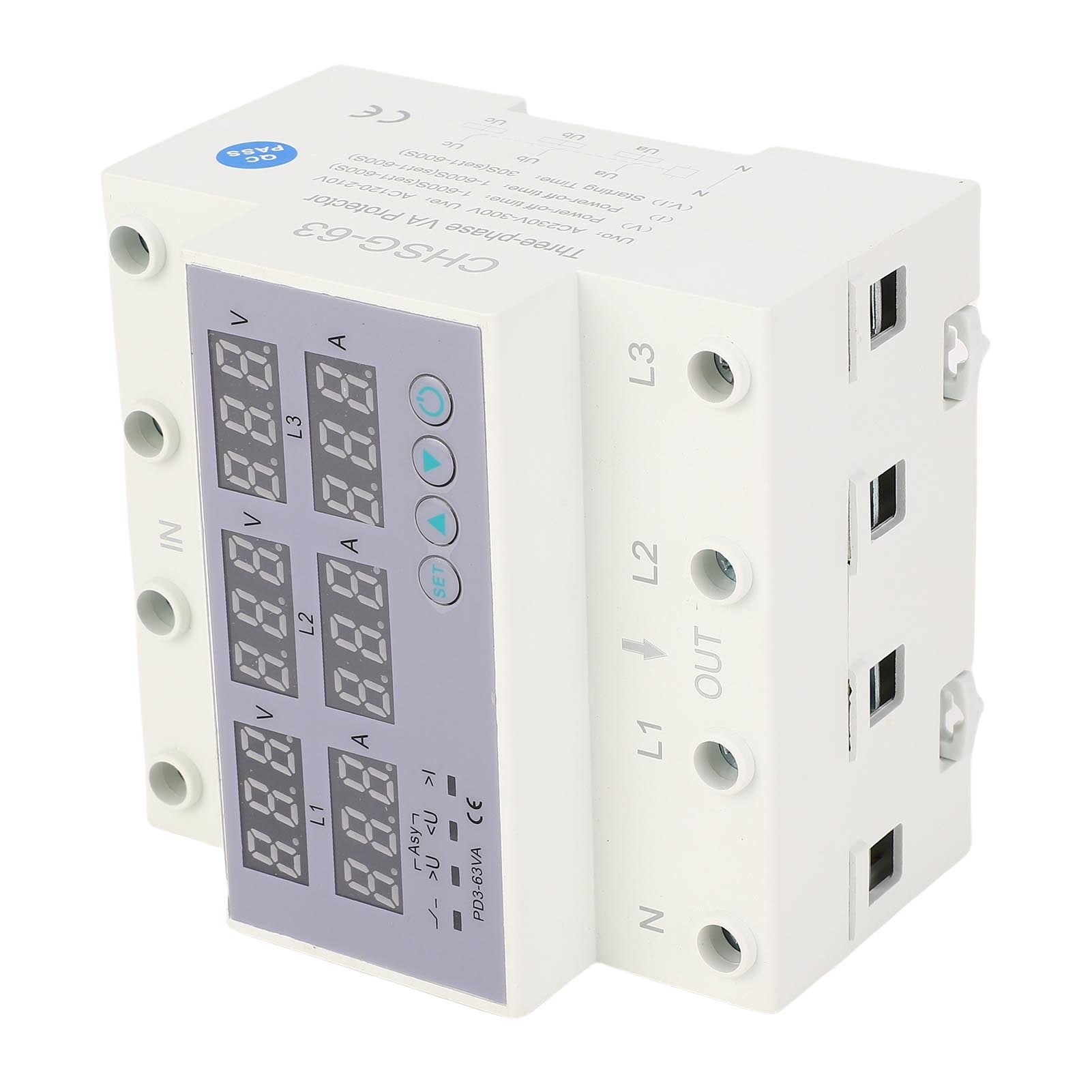 Amperometro Voltmetro Su Guida DIN Trifase CHLT 63 – Protezione Sovratensione E Sottotensione 390-500V CA, 63A, Display Digitale