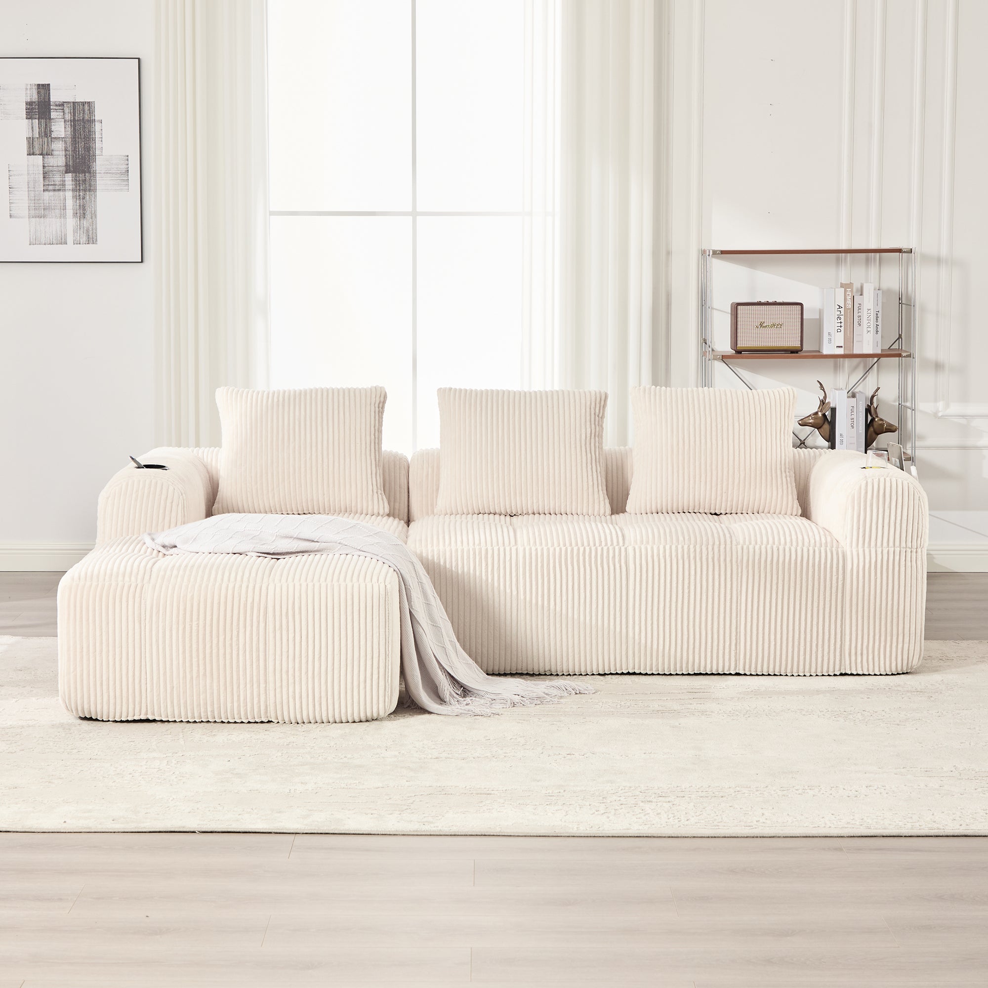 Canapé modulable 253x158x61cm en velours côtelé, Coffre de rangement latéral et porte-gobelets, 3 coussins inclus, Confort gain de place, Beige - 2