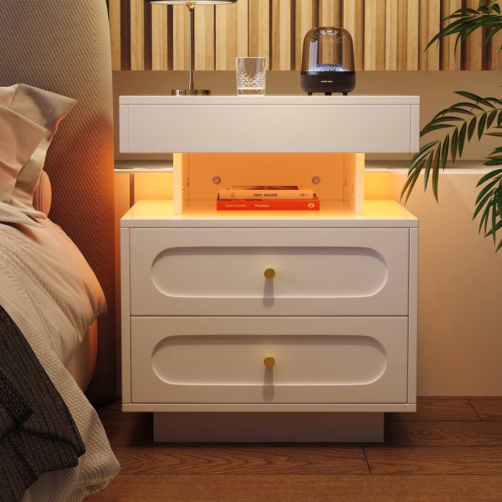Nowoczesna szafka nocna LED, 1-częściowa, z 2 szufladami i otwartą przestrzenią do przechowywania, biała, szer. 50×gł. 40×wys. 60 cm