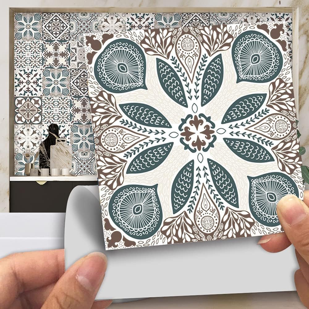 Zestaw 20 wodoodpornych naklejek ściennych z winylu do kuchni i łazienki, wzór mozaiki marokańskiej, beżowy, 15 x 15 cm