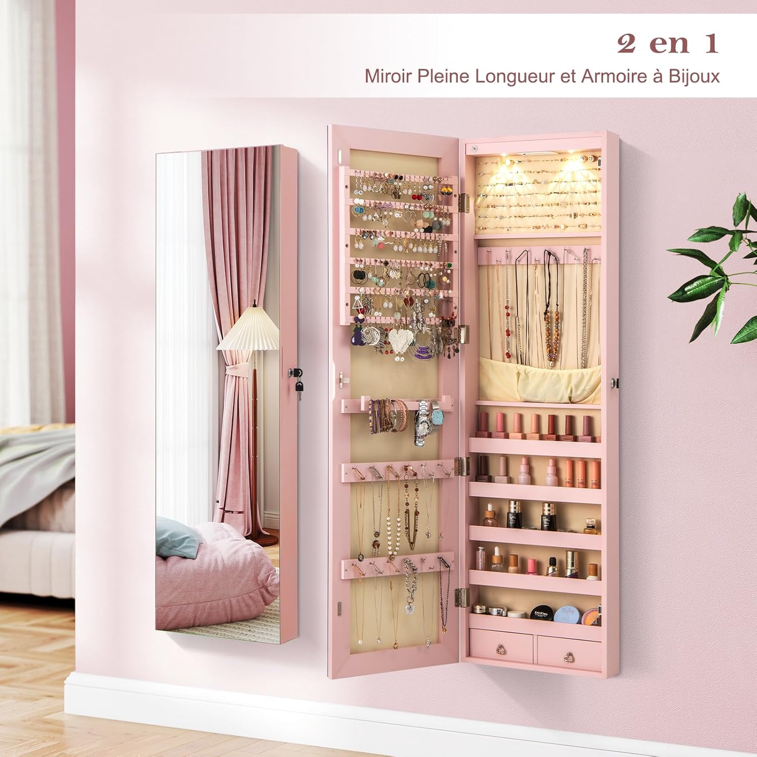 Armoire à Bijoux avec Miroir, Armoire a Bijoux Murale avec Éclairage LED, 2 Tiroirs, Fixer au Mur ou à Suspendre sur Porte (Rose) - 2
