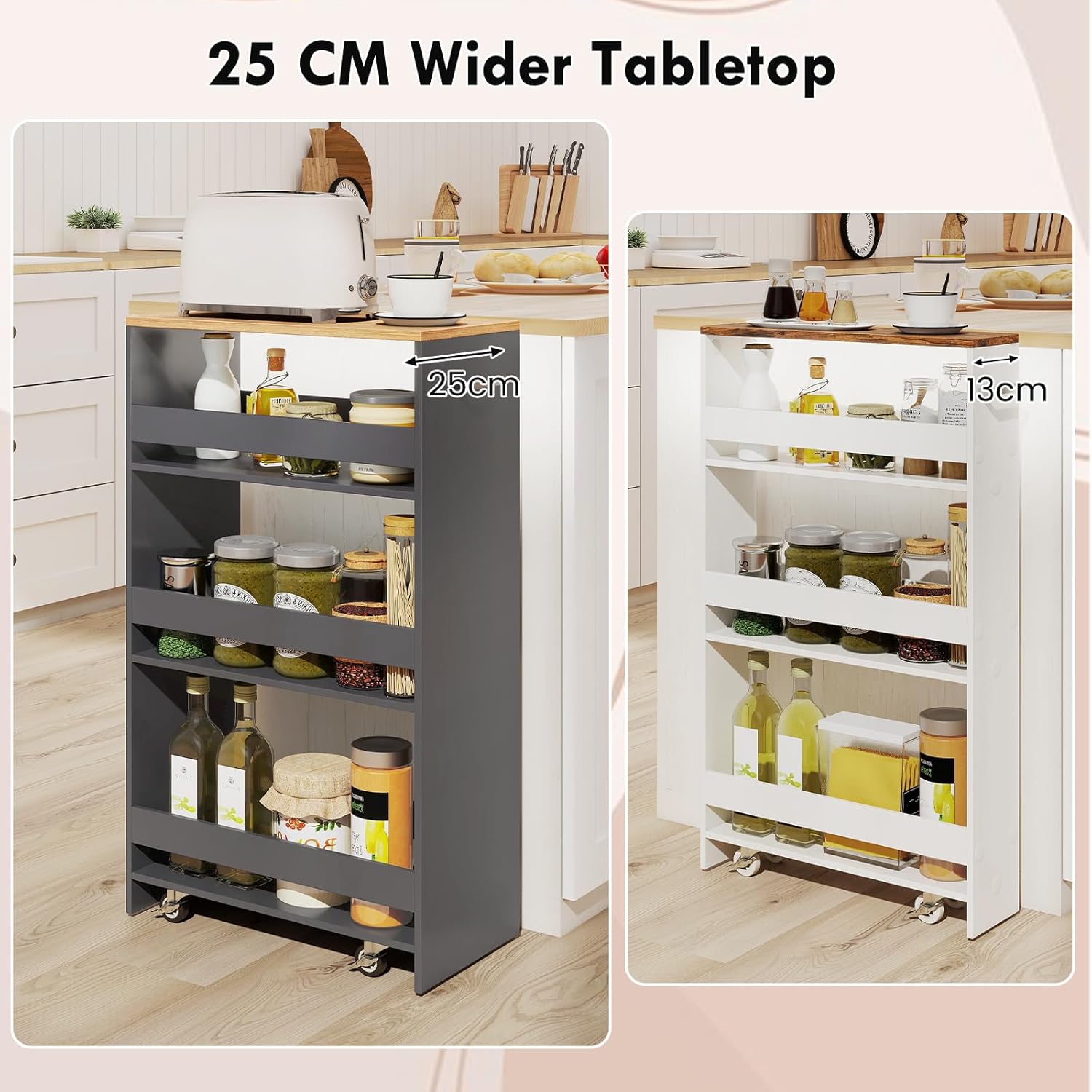 Chariot de Rangement Largeur 25 cm à roulettes, Desserte de Cuisine à 4 Niveaux, Poignée Latérale et Roues Universelles avec Freins (Gris + Naturel) - 7