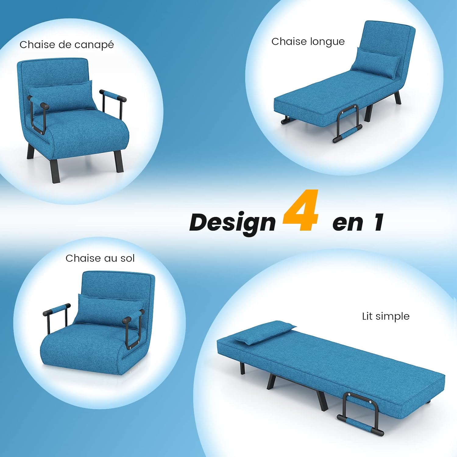 4 in 1 Poltrona Letto Singolo, Poltroncina Pieghevole con Schienale Regolabile in 6 Posizioni, Sedile Imbottito Robusto, Divano Letto per Casa - 3