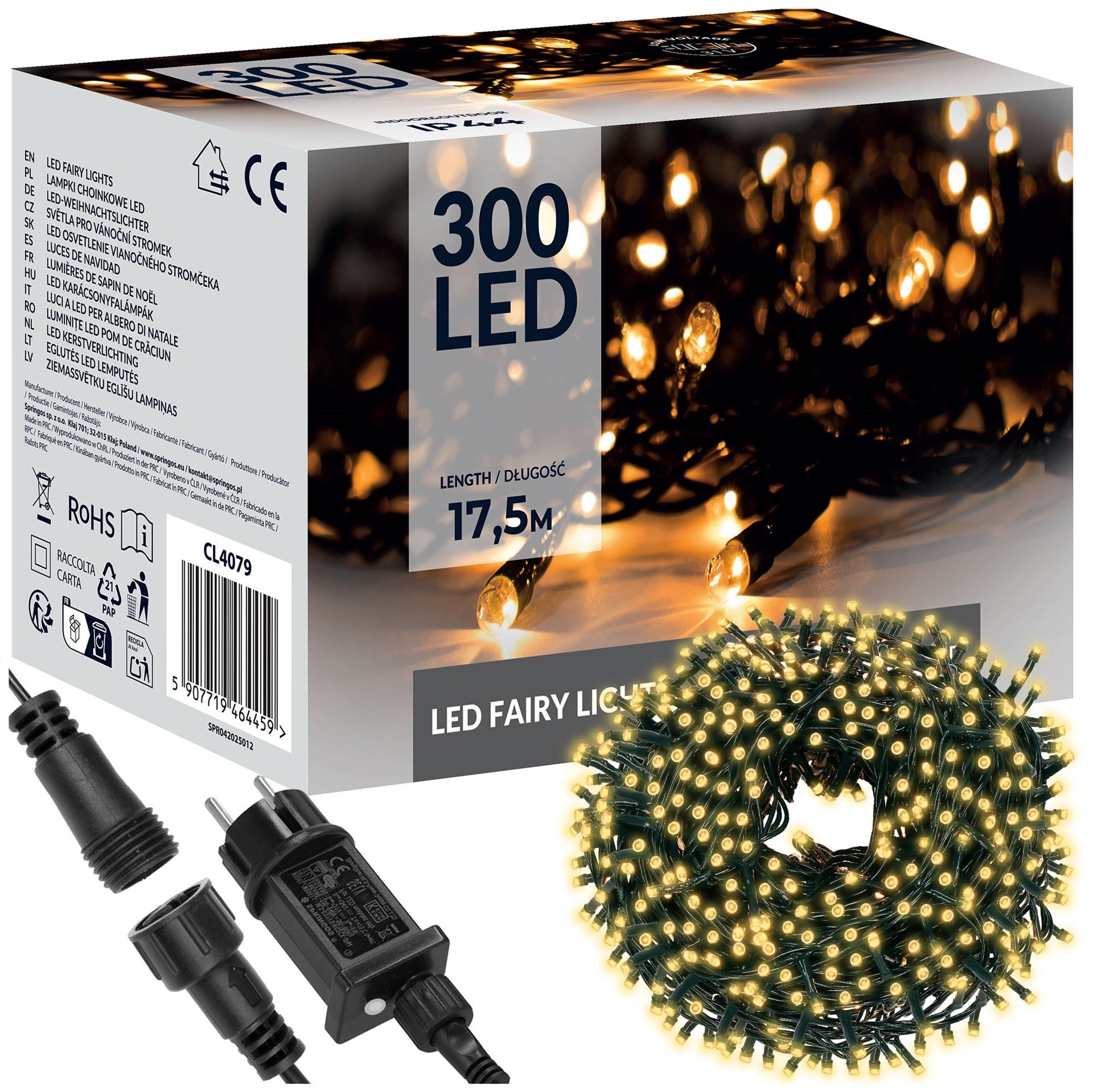 Instalatie lumini pentru bradul de Craciun, 17,5 metri, 300 LED-uri, 8 functii, alb cald
