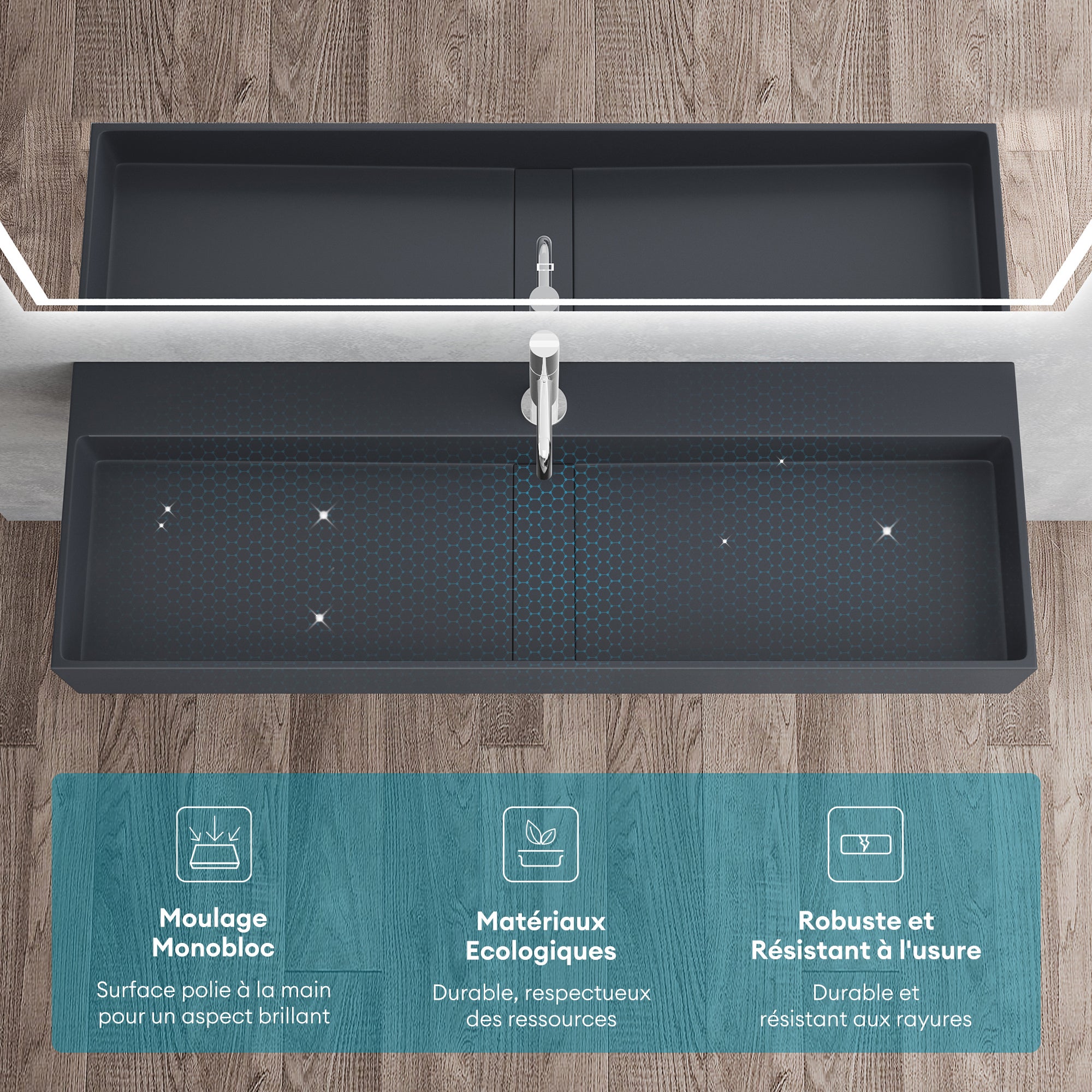 Mai & Mai Lavabo Suspendu Vasque à Poser Gris Noir Mat 100x40x14cm Évier Lave Mains Salle de Bain avec Cache Bonde Col6028 - 3