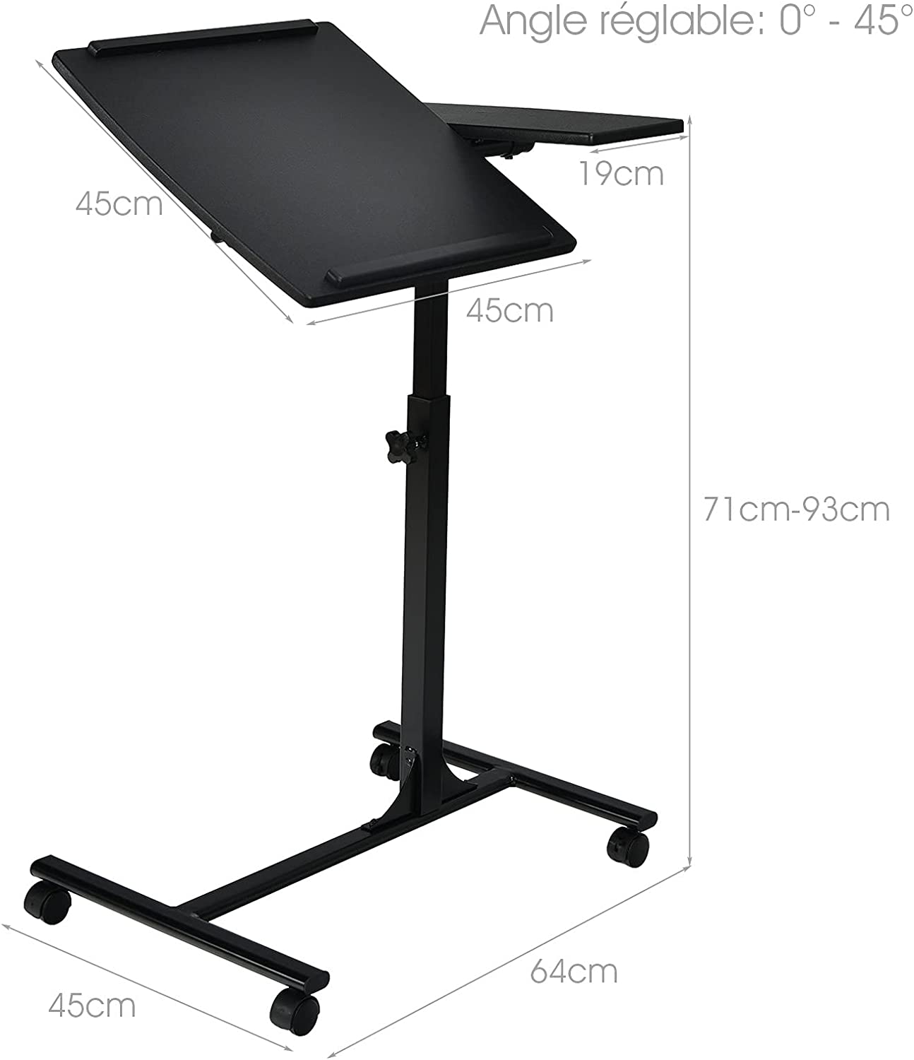 table d’ordinateur à roulettes portable en mdffer hauteur réglable 71-93 cm avec 4 roulettes (noir) - 5