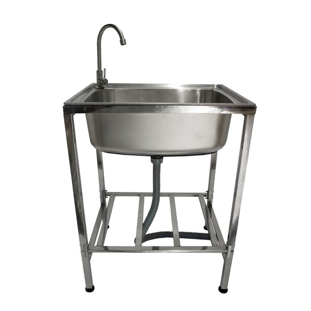 Evier Portable Camping Glamping Pêche Acier Inoxydable 60 x 79 x 45 cm Jardin Extérieur Kit Evacuation Eau Inclus