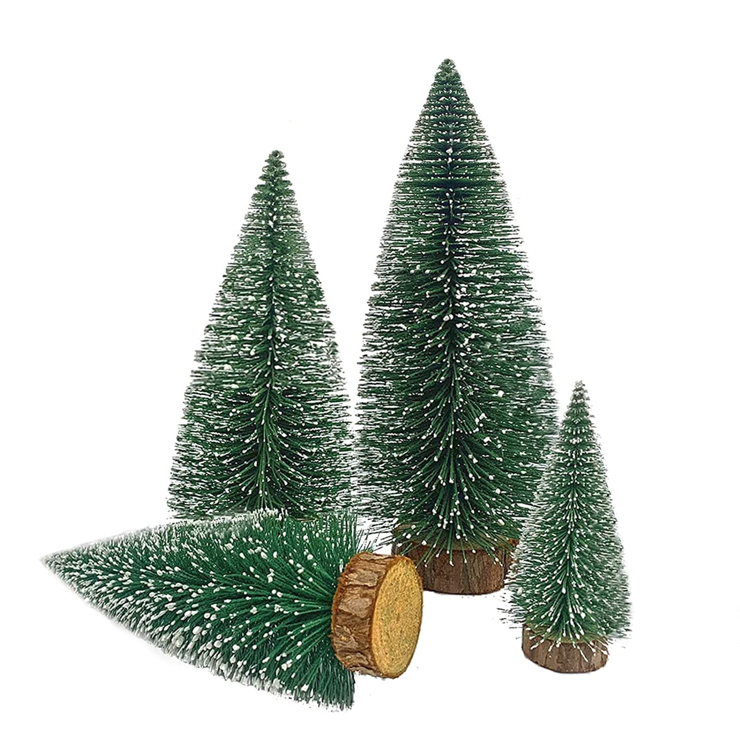 Mini pins de Noël, 4 arbres en sisal givré avec base en bois, arbres de Noël de table pour la décoration de la maison (vert) - 6