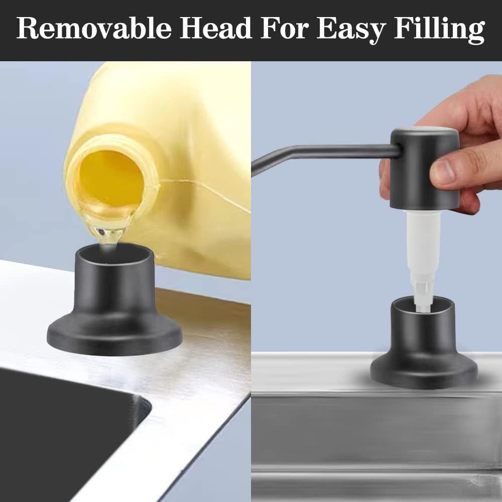 Distributeur de savon pour évier de cuisine, 350 ml, en acier inoxydable, rechargeable, avec pompe rotative à 360° (noir) - 3