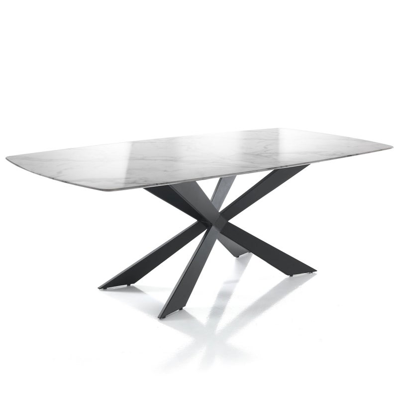 Stół TIPS MARBLE z matowego czarnego metalu, blat z płyty MDF imitującej marmur, 200x100 cm, 8 miejsc