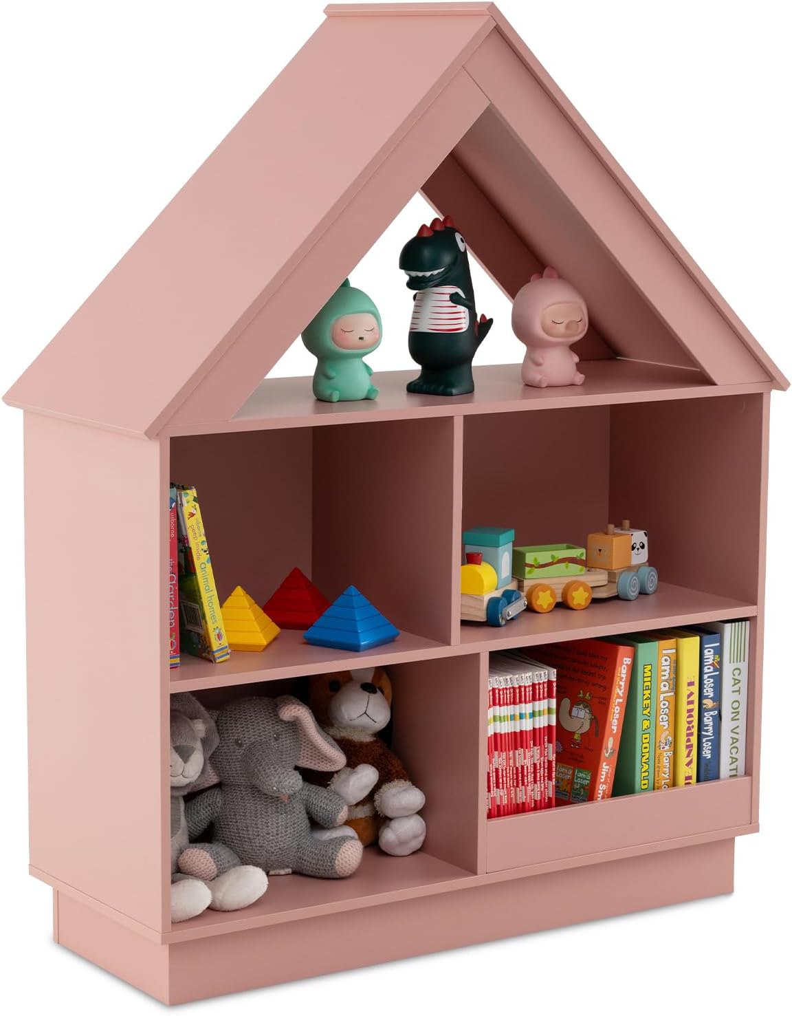 3-Poziomowa Biblioteczka dla Dzieci w Kształcie Domku z 5 Otwartymi Półkami, Zestawem Zabezpieczającym przed Przewróceniem, Nośnością 110 kg (Różowa)