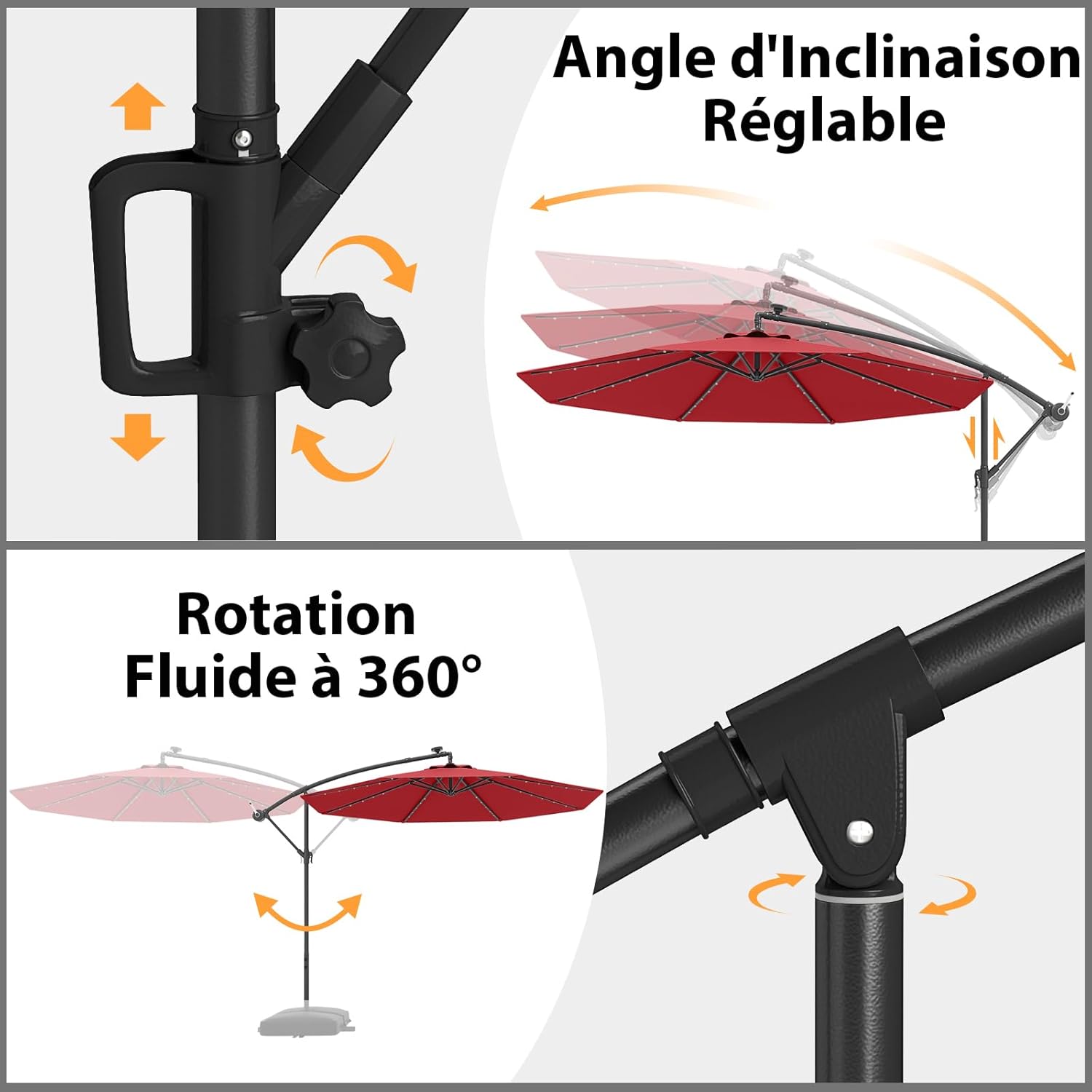 Parasol Déporté 3M avec 32 LED Solaires, Parasol de Jardin 8 Baleines avec Tissu Protection Solaire, Parasol Inclinable Rotatif à 360° (Rouge) - 4