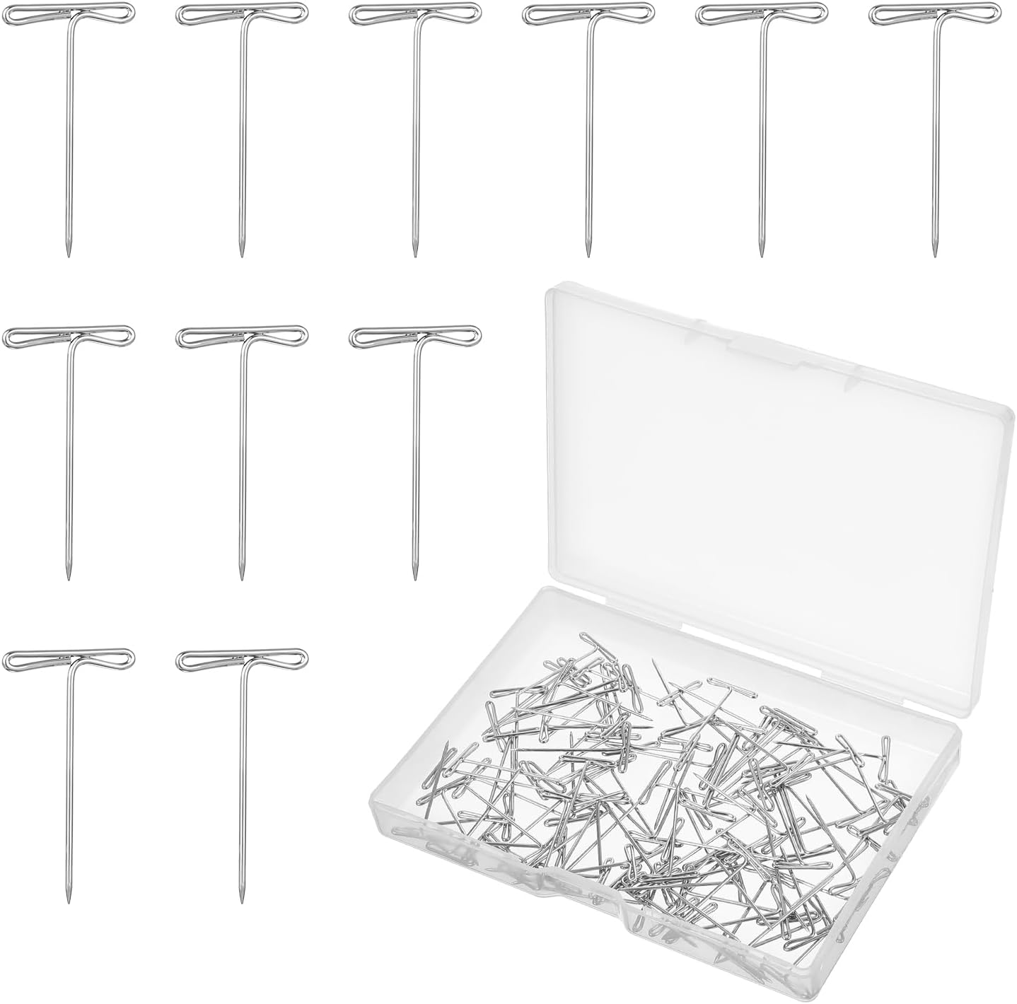 Opakowanie 100 szpilek szydełkowych w kształcie litery T - 2,5 cm - Proste włosy - Do szycia, rękodzieła, pikowania, Stal nierdzewna - Przezroczyste