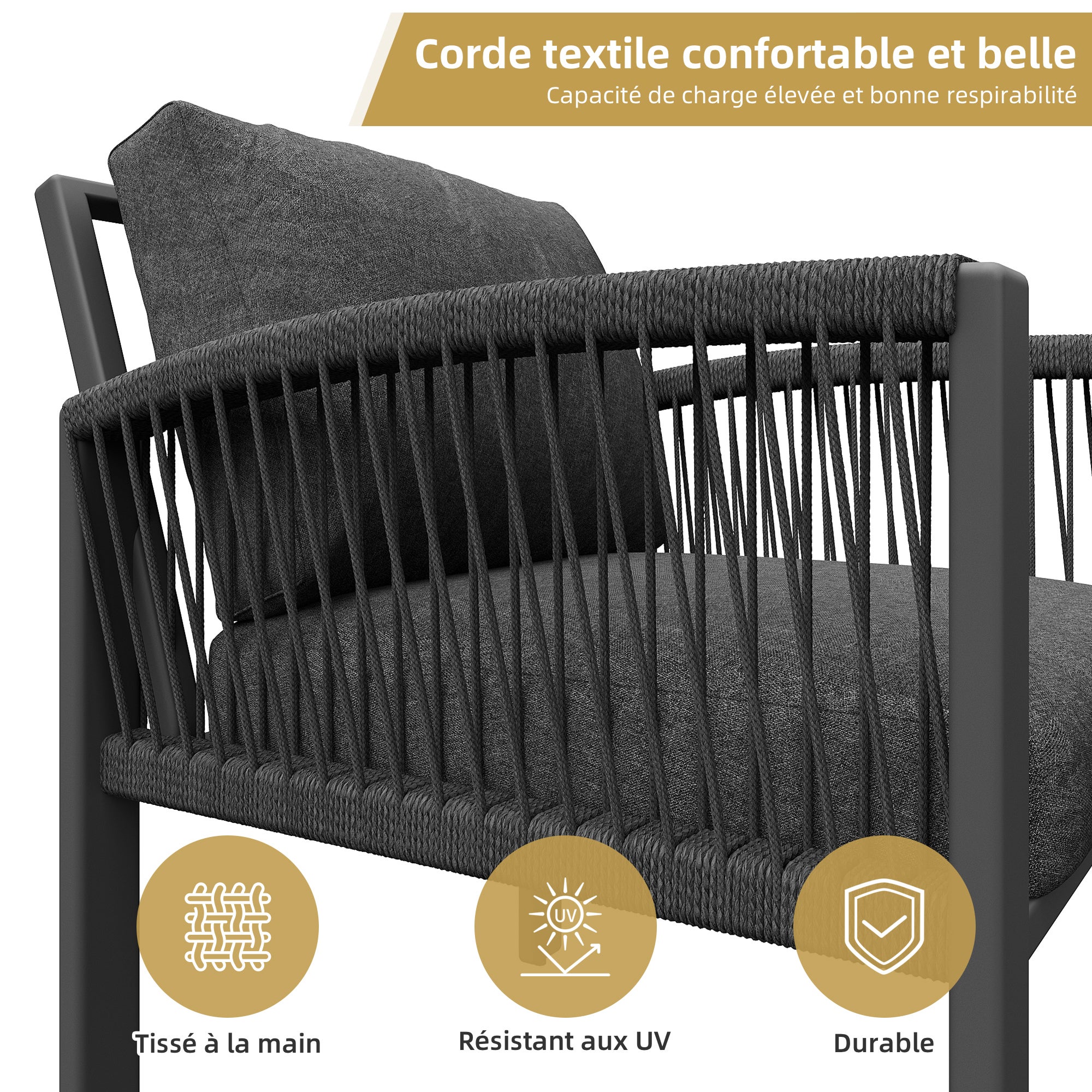 Ensemble de meubles de jardin pour 8 personnes, Salon de jardin Exterieur en fer avec table imitation bois- Pieds réglables - Coussins inclus - gris - 4
