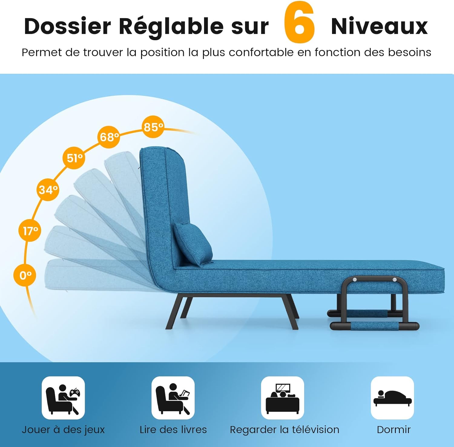 Canapé-lit Convertible, Fauteuil Convertible Lit 1 Place avec Dossier Réglable en 6 Positions, Oreiller Amovible, Bleu - 3