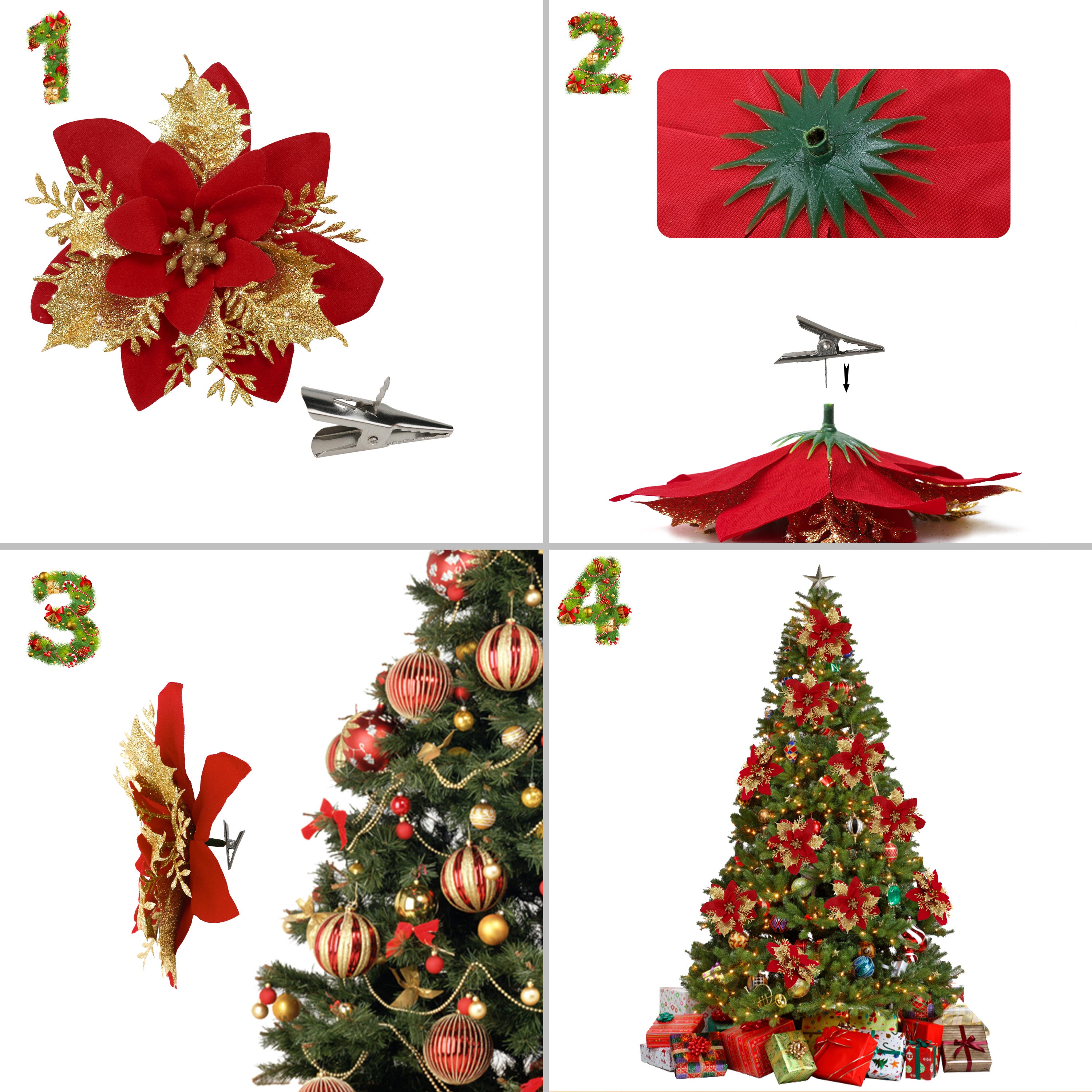 Lot de 10 décorations de Noël, fleurs artificielles scintillantes avec clips, décorations pour sapin de Noël, pendentifs de fleurs artificielles - 4