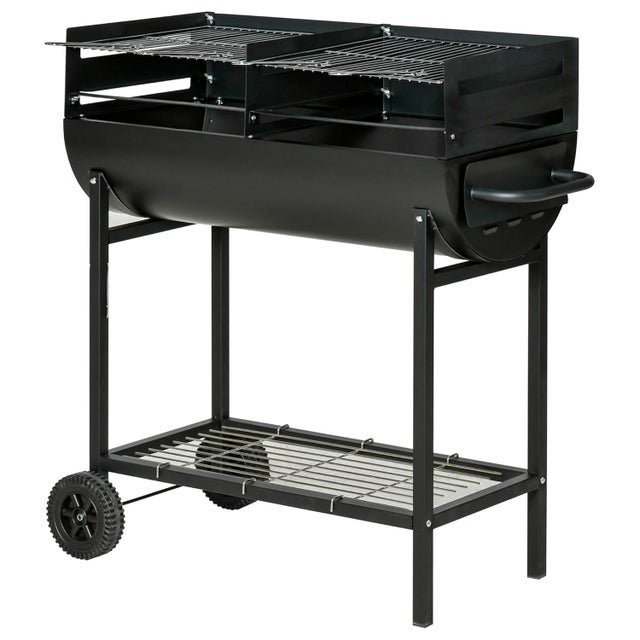 Barbecue A Carbone Con 2 Griglie Regolabili BBQ In Acciaio Resistente Con Ruote E Ripiano Per Giardino Terrazzo E Grigliate 90 x 45 x 96 Cm Nero