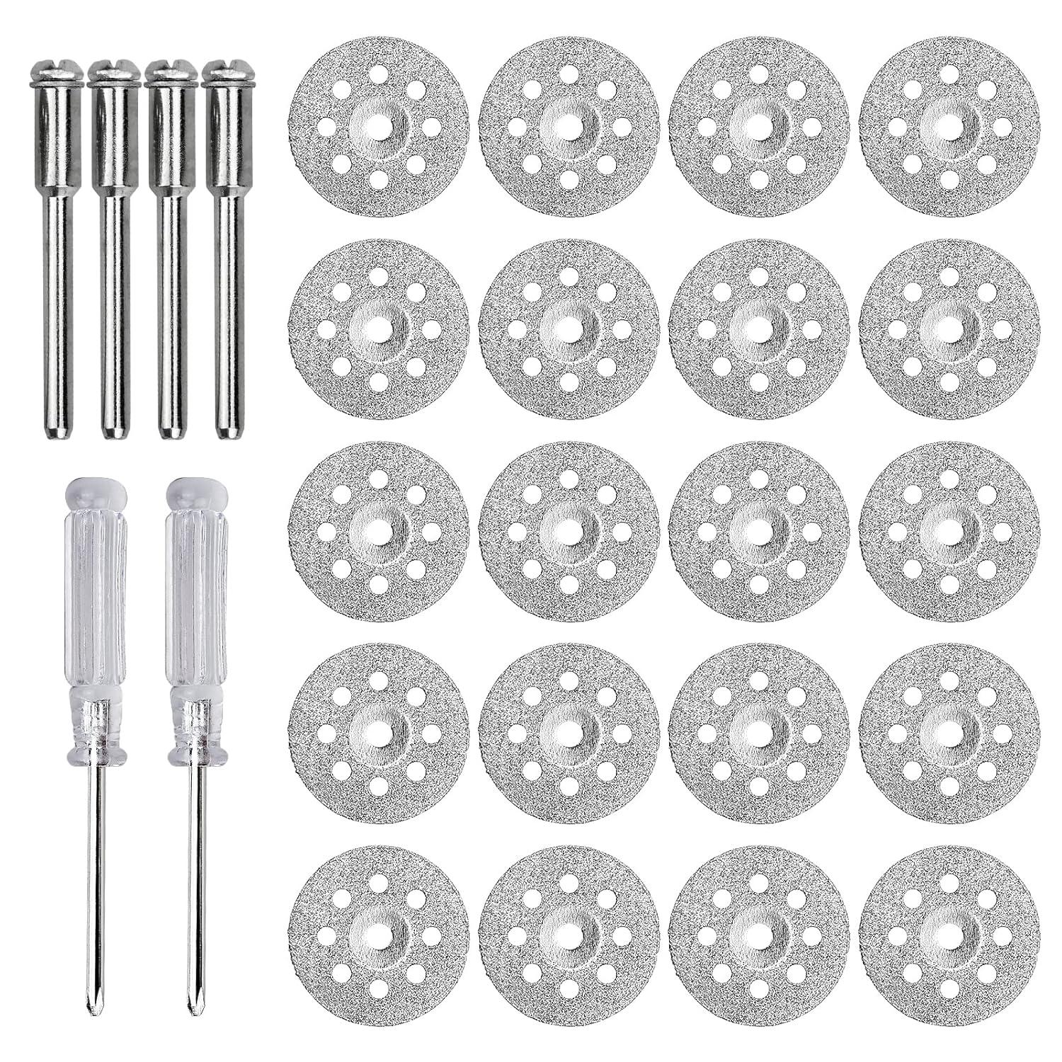 Mini zestaw do cięcia diamentowego 22,5 mm, 22 sztuki, tarcze do narzędzi obrotowych z 4 trzpieniami, 2 śrubokręty krzyżakowe do cięcia