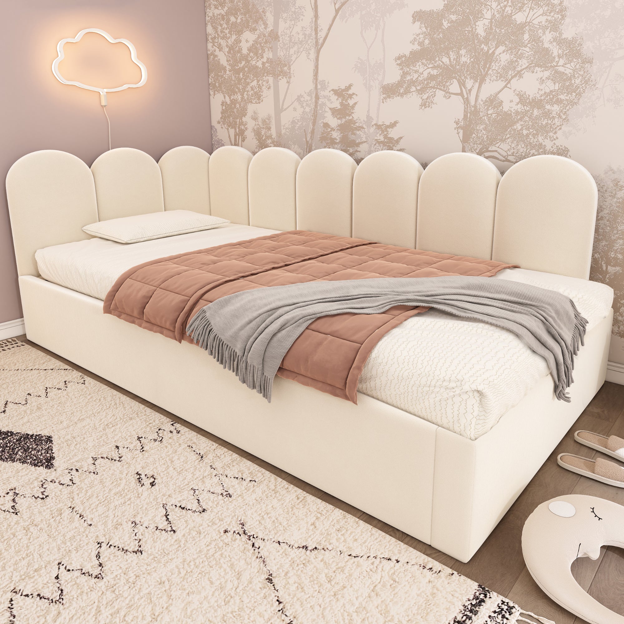 Cama de rodízio 90 x 200 cm + 90 x 190 cm com cabeceira e encosto, sofá-cama - Veludo - Estrado de ripas metálicas - Bege (sem colchão) - 3