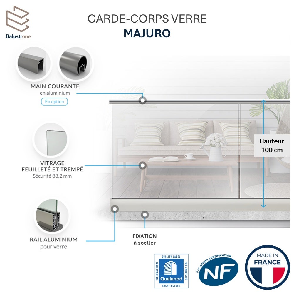 Garde-corps en verre feuilletée et trempée 17 mm, kit de 2 ml, pose sur rail aluminium, MAJURO - 5