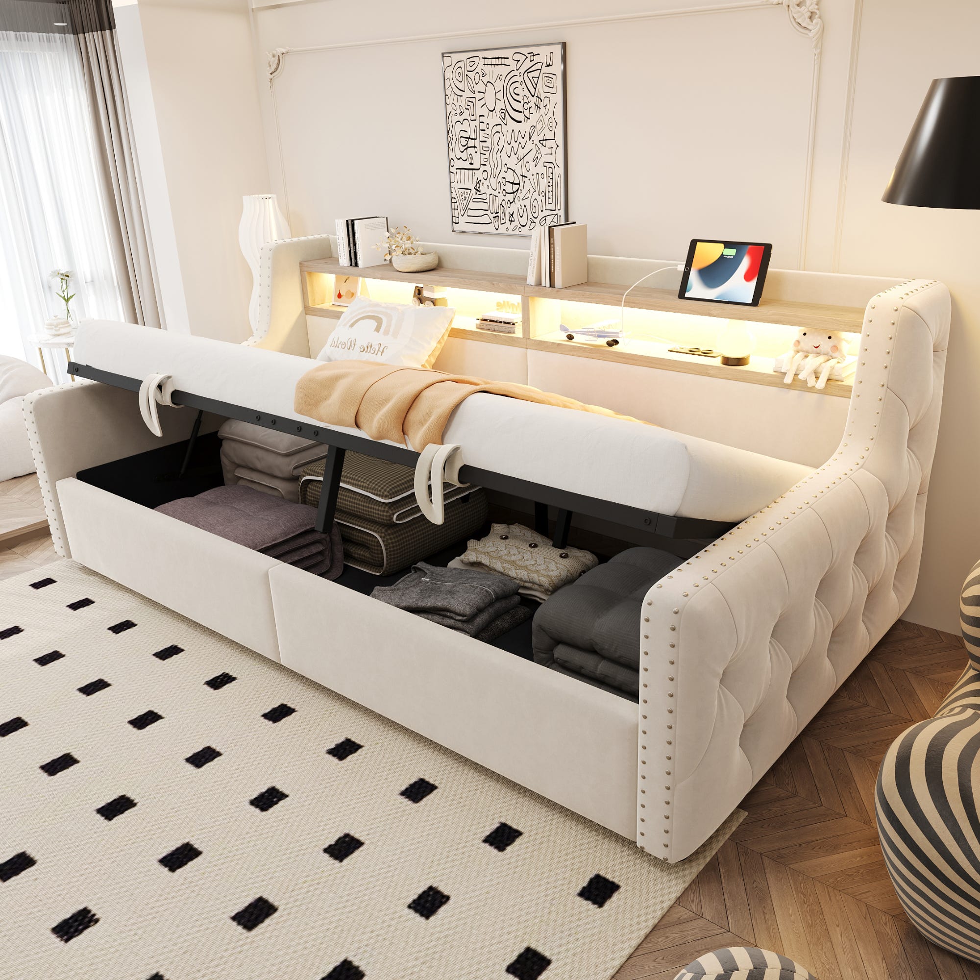 Sofá cama tapizado 90x200 cm con almacenaje hidráulico, luz LED, tomas ...