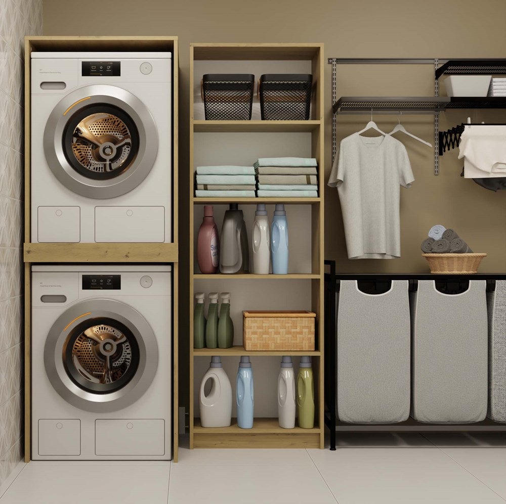 POLA TWIN - Mobile da bagno per lavatrice e asciugatrice con colonna a scaffali - Rovere - 4