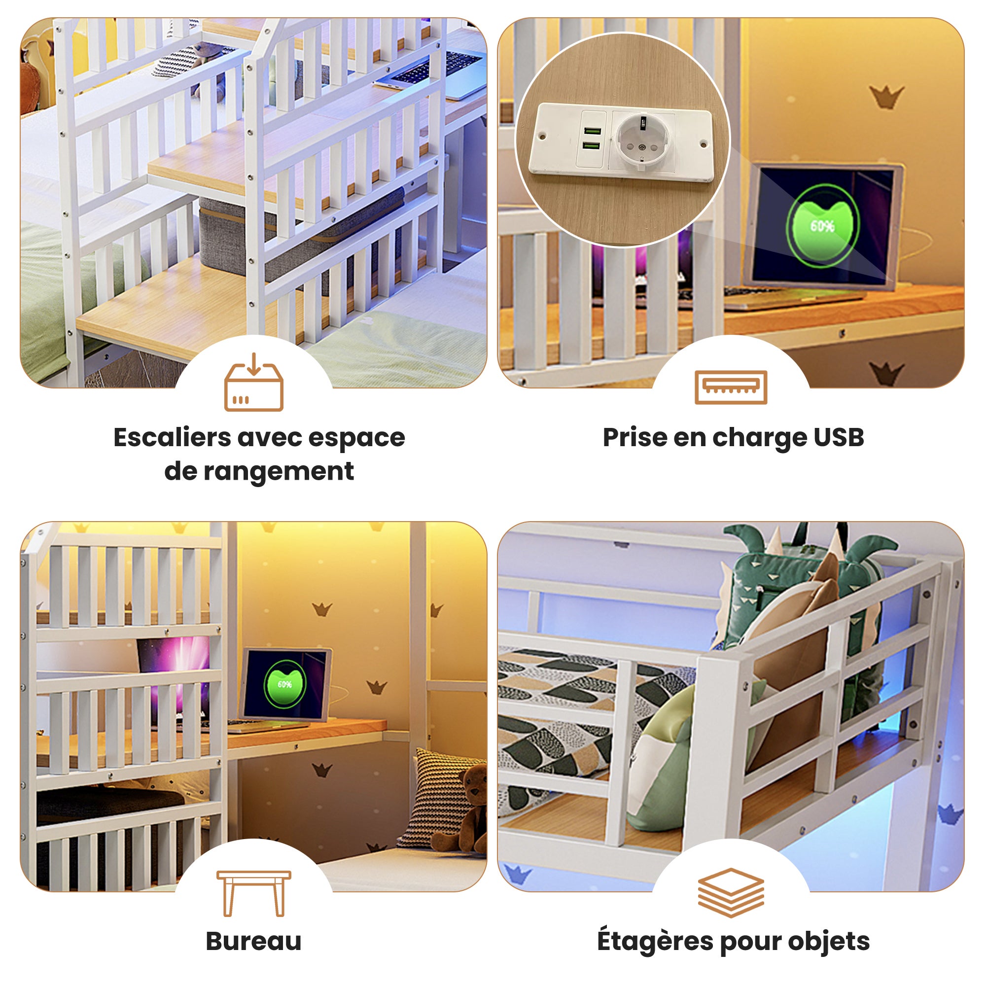 Lit Superposé 3 Places 90x200 cm avec Bureau et Étagères, Lit Triple Métal MDF Blanc, LED USB Prise Intégrées, Échelle Rangement,Sans Matelas - 6