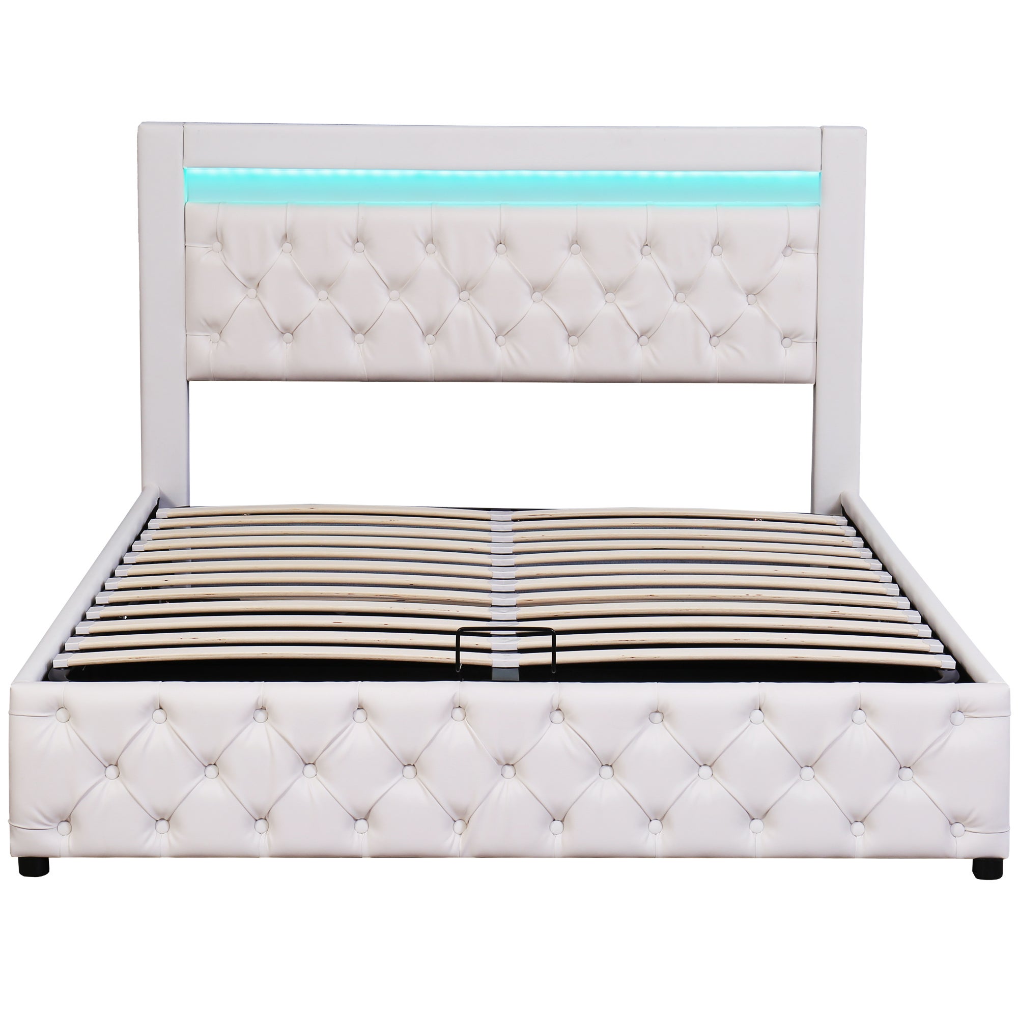 Łóżko tapicerowane ze skóry ekologicznej z pojemnikiem i oświetleniem LED - 140x200 cm - z podstawą z listew - białe - 8