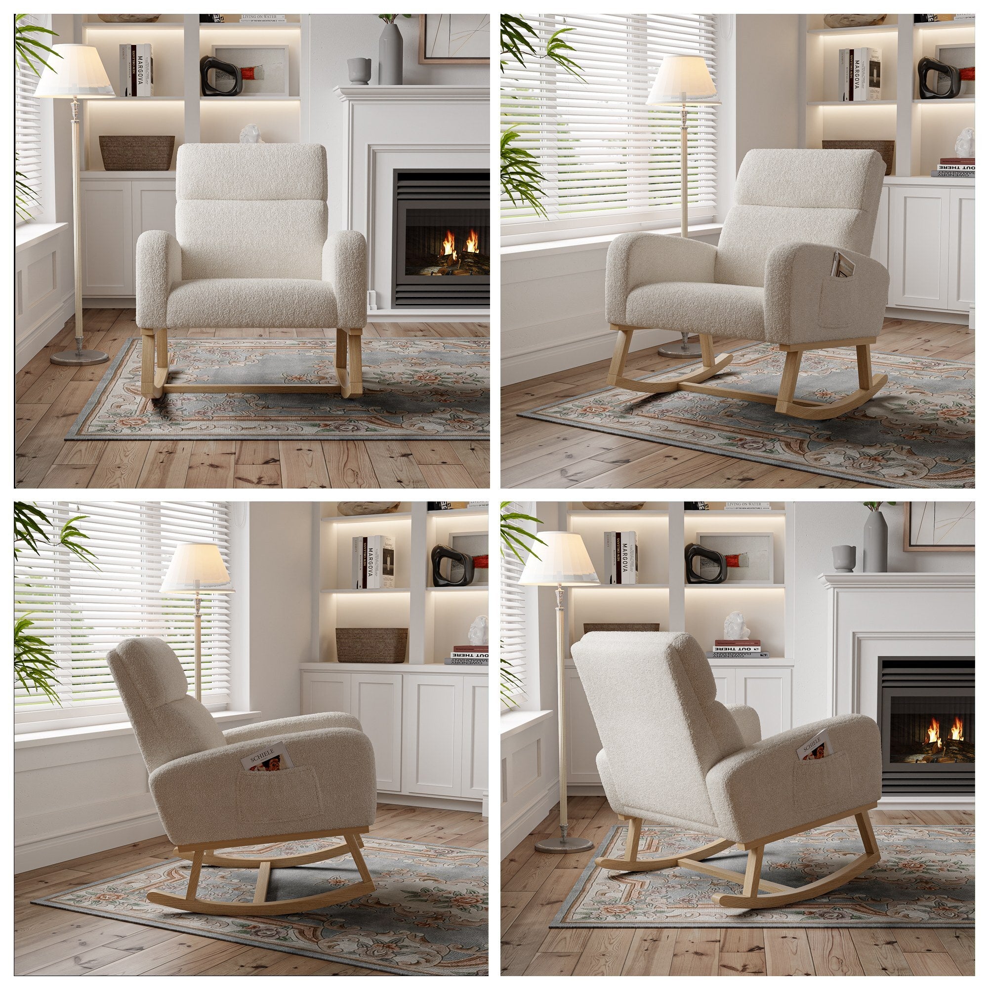 Fauteuil à Bascule - 87x79x69cm - avec Poches Latérales et Bois Massif - Confort Ergonomique - en Polaire Teddy Beige - 5