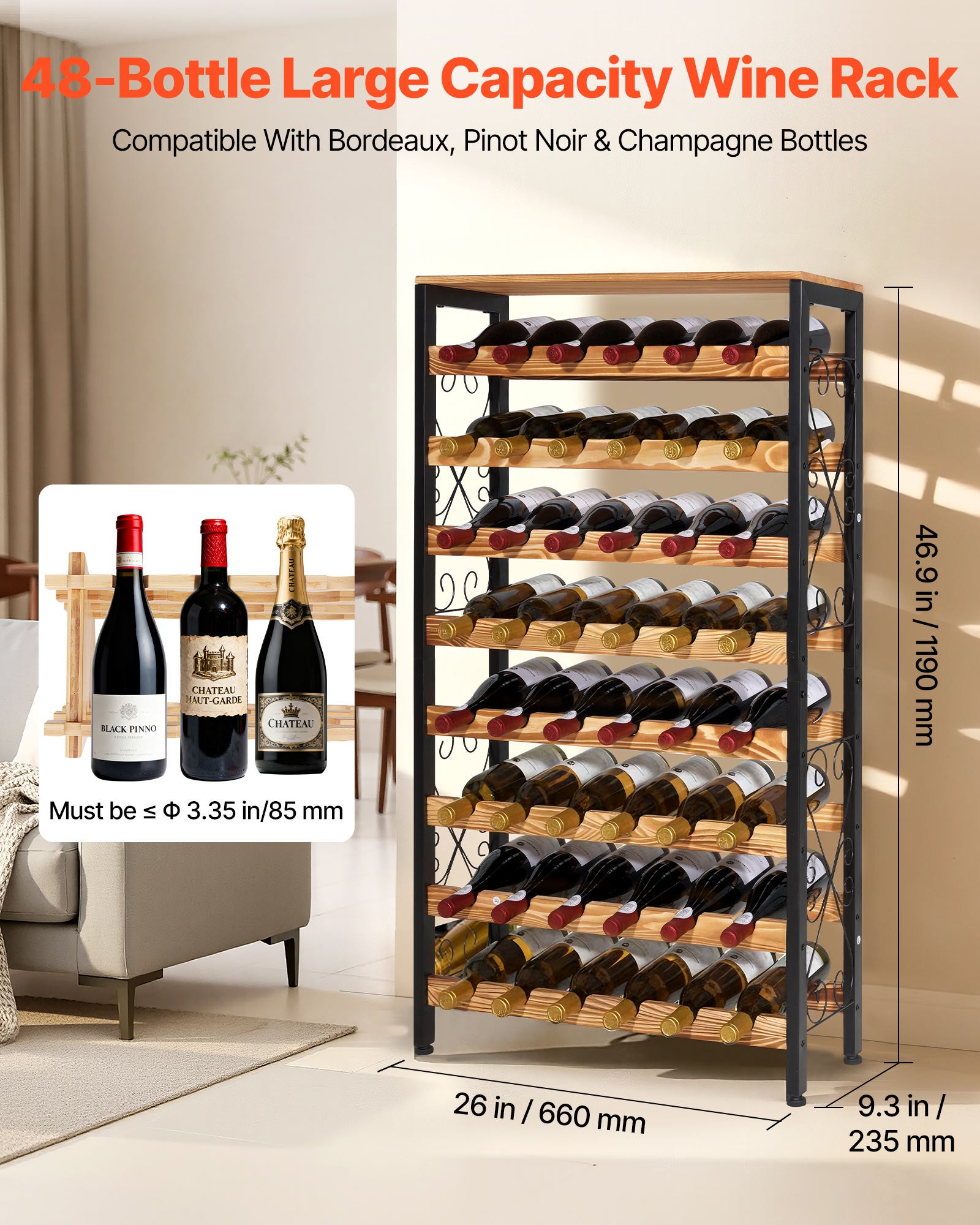 Botellero VEVOR independiente con capacidad para 48 botellas, botellero de 8 niveles, botellero estable, pies ajustables, despensa de cocina - 2