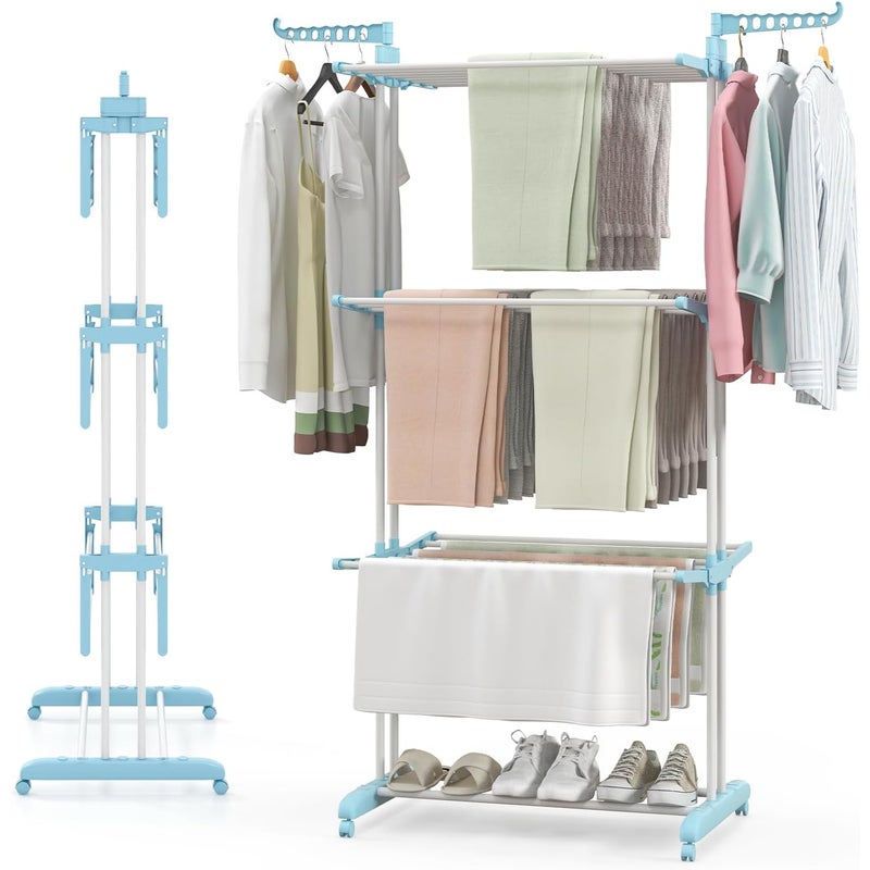 Składana Suszarka do Ubrań, Ponadwymiarowa, 4-Poziomowa, z 3 Wysuwanymi Półkami, 127 x 63 x 171 cm (Niebieska)
