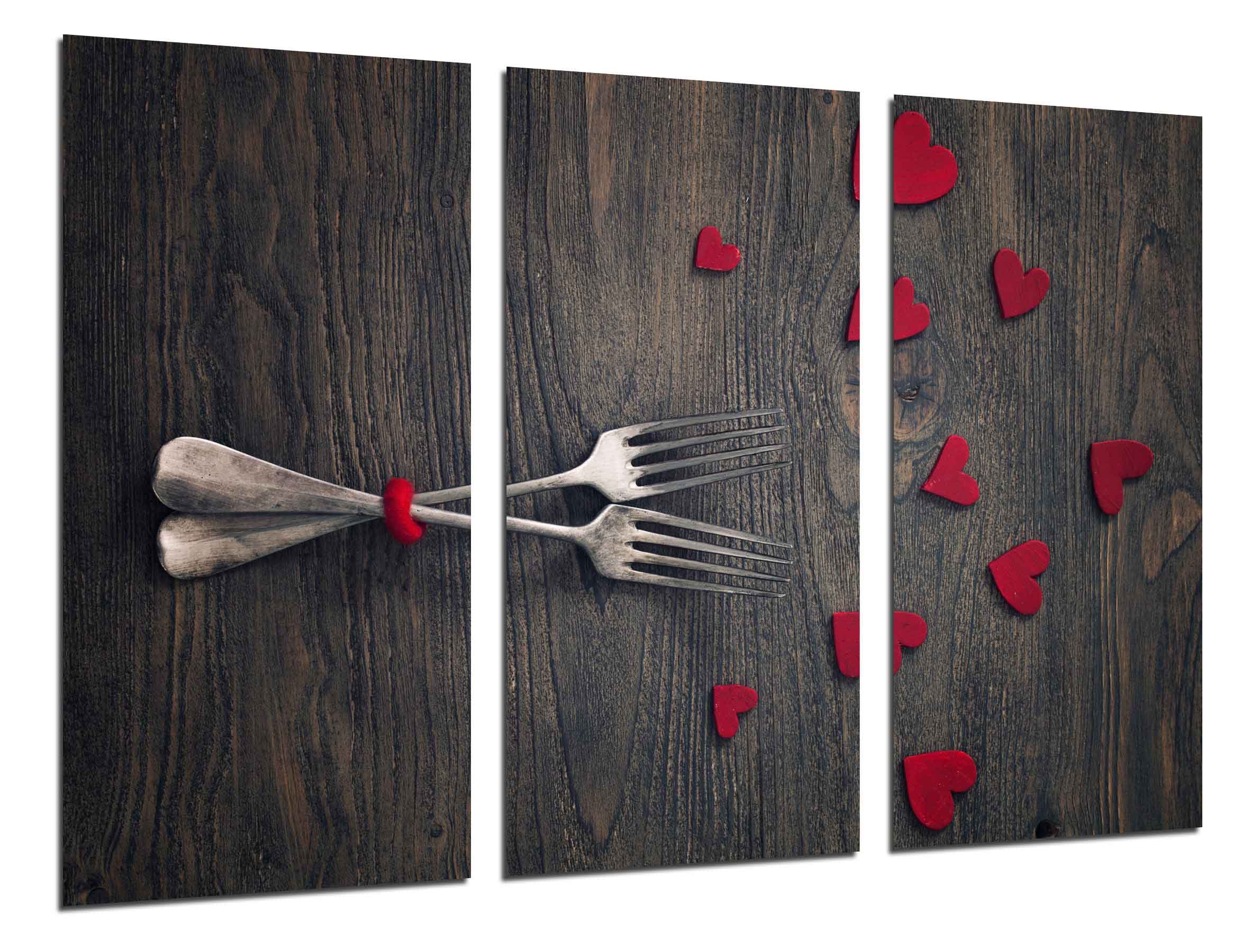 Cuadro amor vintage, tenedores, corazones rojos, impresión fotográfica sobre madera, cuadro moderno decorativo