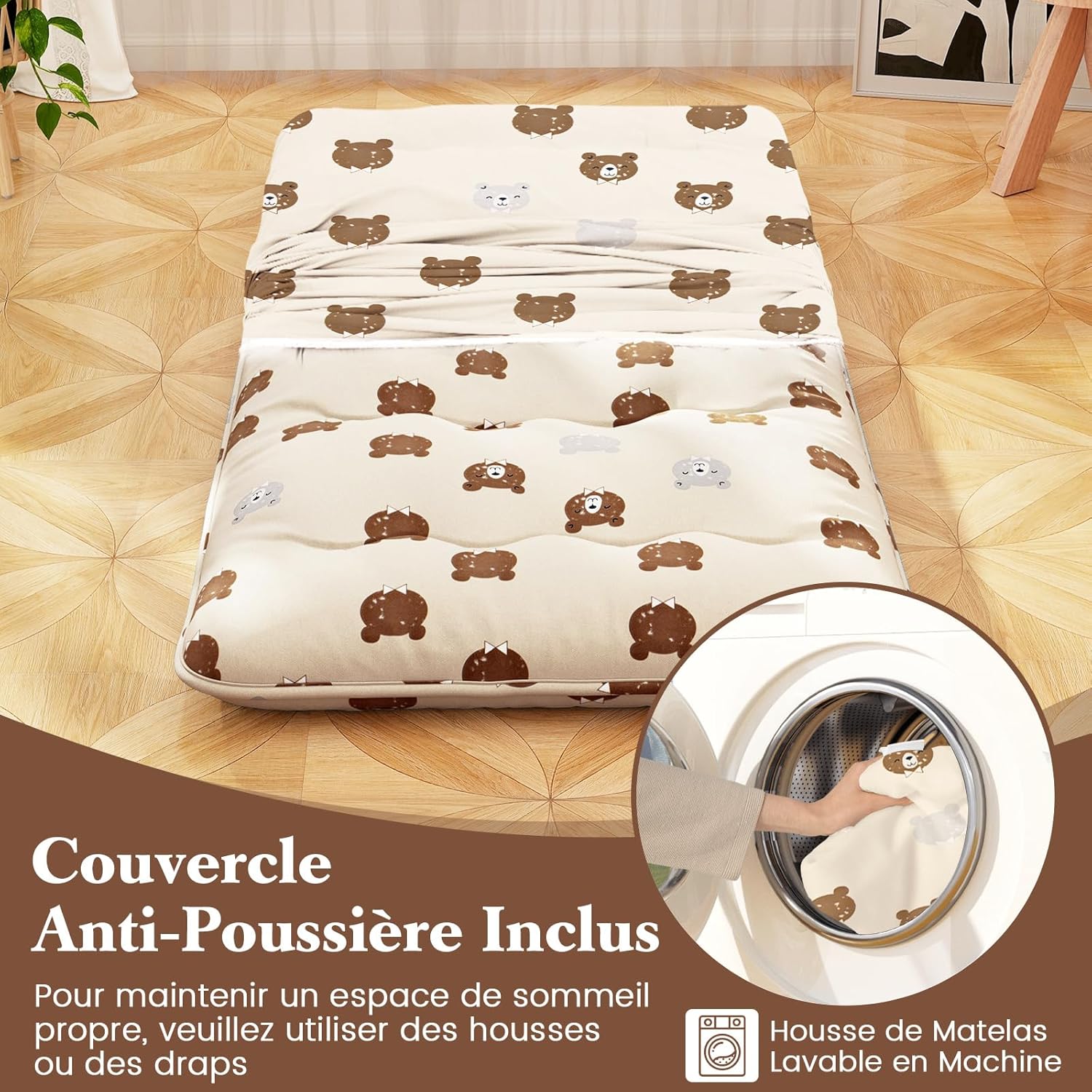 Matelas Futon Japonais 1 Personne 90x200CM, Lit de Couchage Enroulable de Sol Pliable et Portable avec Sac de Transport pour Camping, Voyages, Ours - 4