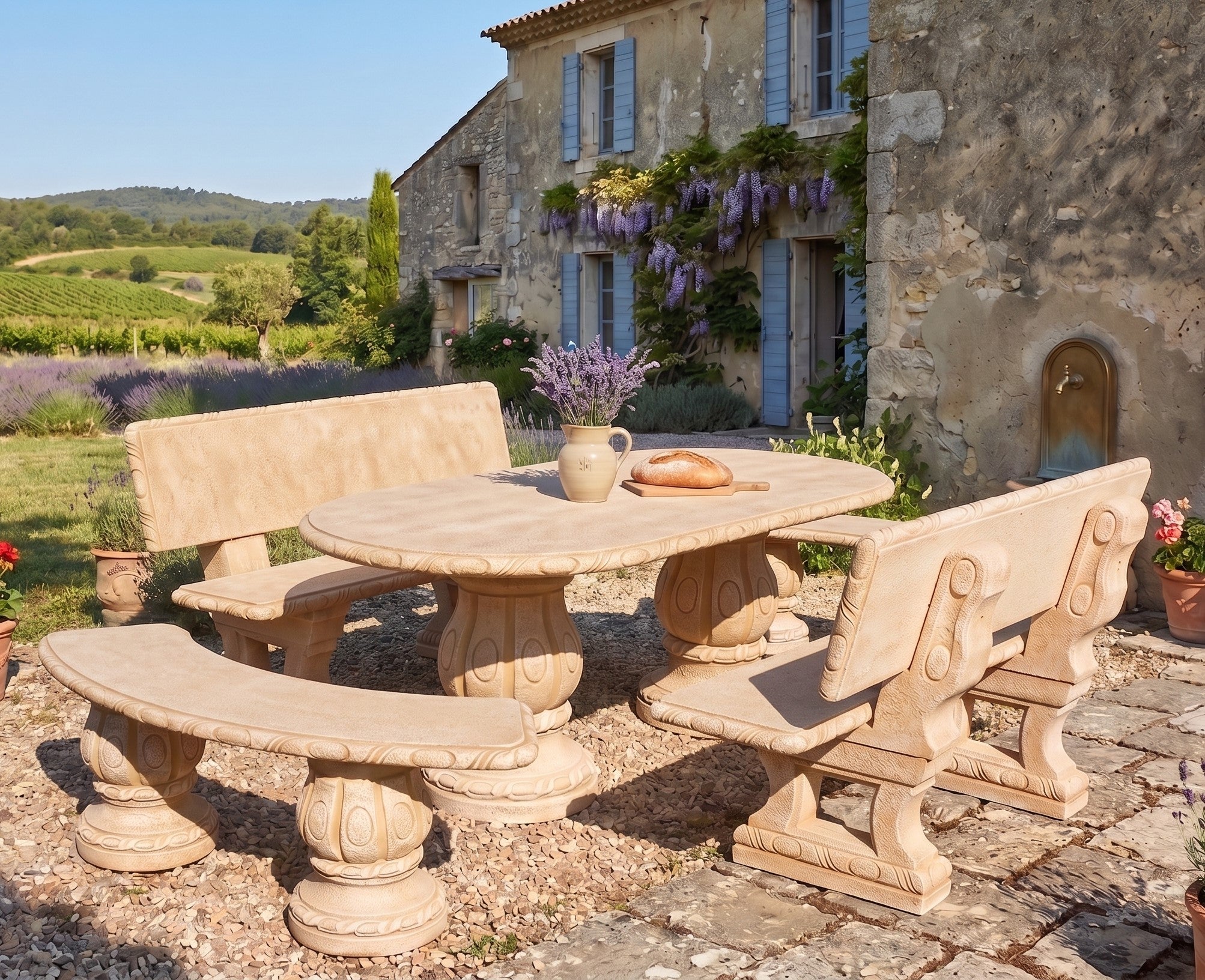 Comedor de Jardín Mesa Oval y Bancos en Hormigón Piedra 194x93cm. AZALEA con dos Respaldos - 4